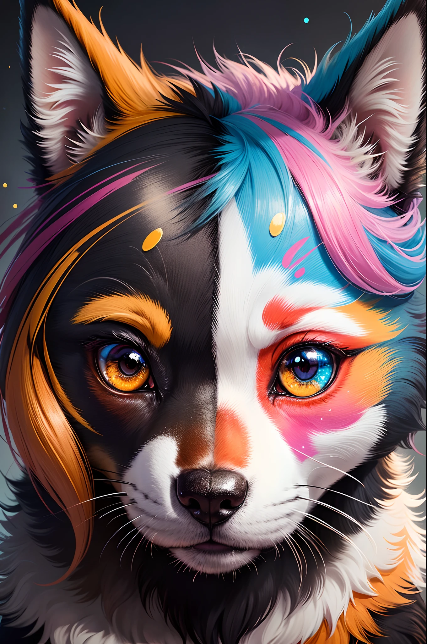 Wtrcolor style, number art (Dog character), offcial art, frontal, Smiling, Beautiful, facepaint, paint splatter, Intricate details. Highly detailed, Detailed eyes, trending on artstationh, author：Rachel Walker, 16k  [Dripping:0.5], Tonalism, Luminism, sparkle, cut-in, Masterpiece