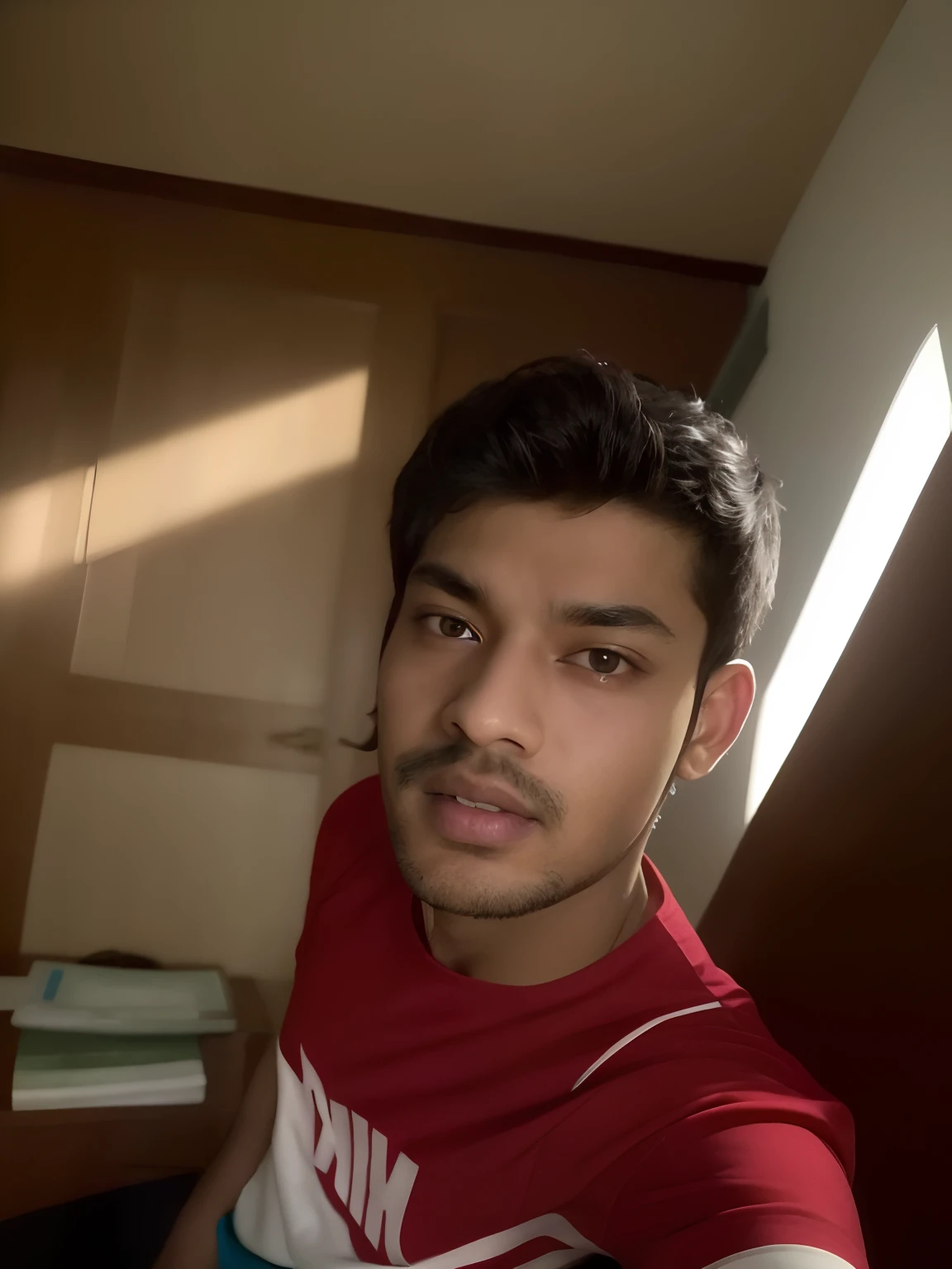 there is a man that is sitting down in a room, with accurate face, without helmet, face picture, without beard, very very low quality picture, 8k selfie photograph, very clear picture, around 1 9 years old, with kind face, vinayak, very accurate photo, selfie photo, very clear image, ayan nag, in small room, at night time