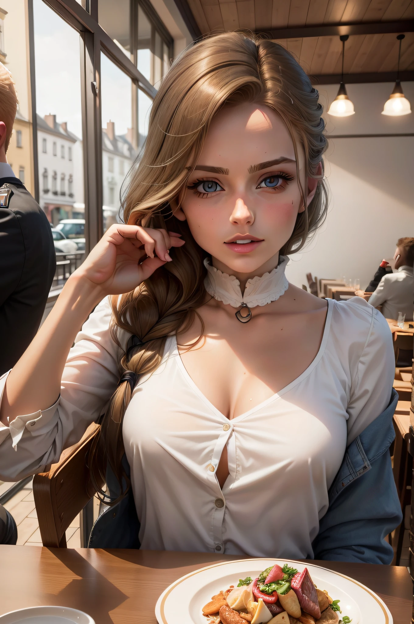 Erstellen Sie ein realistisches Foto einer blonden Frau und eines Mannes, die in einem Restaurant sitzen, und sie in einem BH zeigt es ihrem Mann, der vor ihr sitzt
