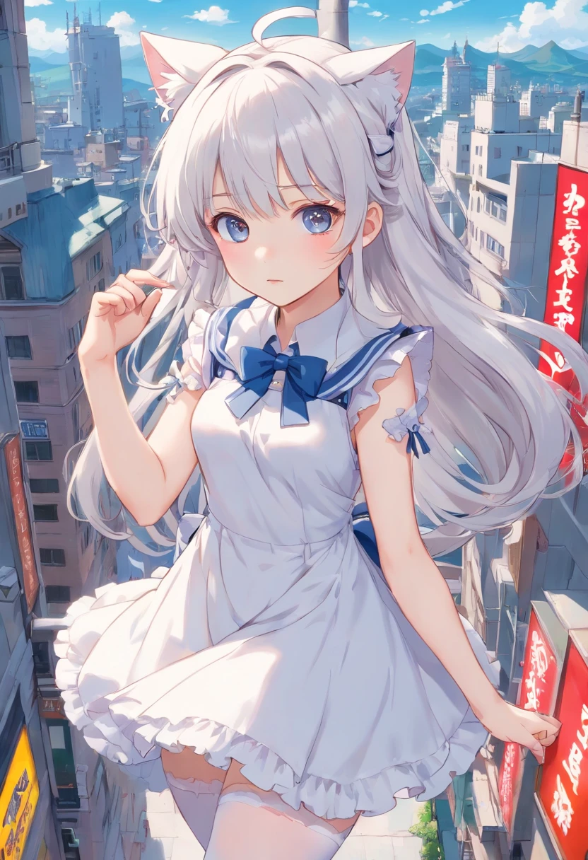 No shoes，Stand barefoot，Masterpiece，long whitr hair，extremely hyper，A giantess，In the city，Full limbs，Huge maiden，The face is delicate，White color hair，Double ponytail curls，blue color eyes，White Lolita，Long-range shots，white stockings，There are cat ears on the head, white dresses， silber hair, cute anime waifu in a nice dress, White-haired god, gray-haired girl