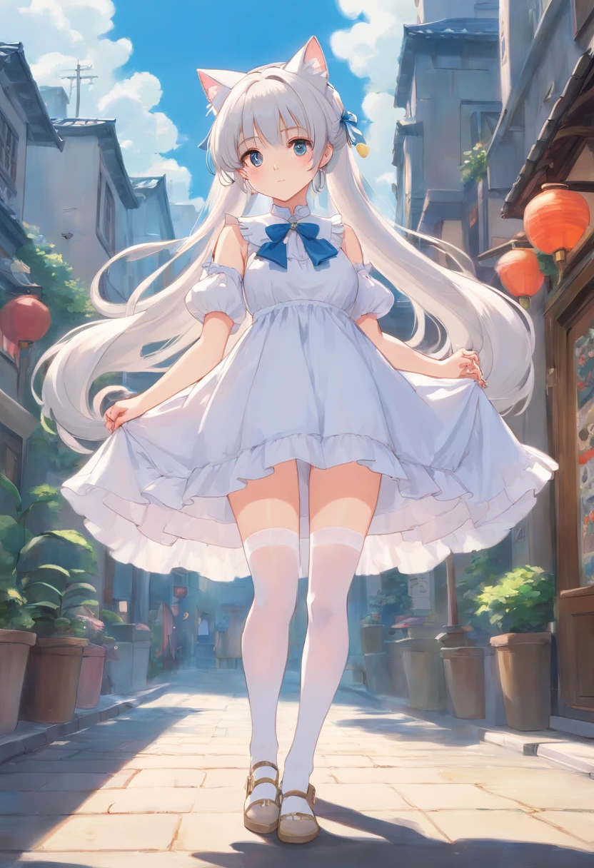 No shoes，Stand barefoot，Masterpiece，long whitr hair，extremely hyper，A giantess，In the city，Full limbs，Huge maiden，The face is delicate，White color hair，Double ponytail curls，blue color eyes，White Lolita，Long-range shots，white stockings，There are cat ears on the head, white dresses， silber hair, cute anime waifu in a nice dress, White-haired god, gray-haired girl