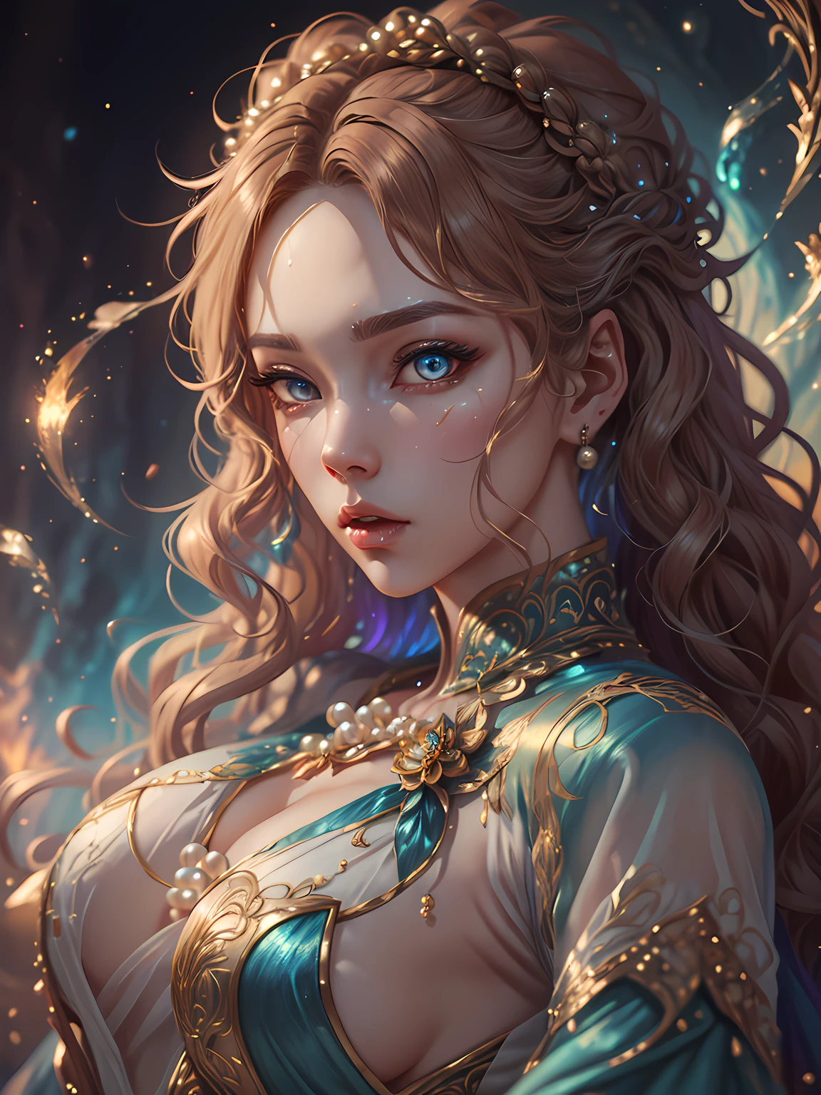 In the style of mythic and storybook fantasy, with rainbow colors. Generate a mature woman with a beautiful face. She is pouting. She has beautiful detailed eyes, 8k eyes, hires eyes, and realistic eyes. She has puffy lips and a big mouth. She has curly hair with a realistic texture, curls_hairstyle, side_swept_hair. Her clothes are made of silk and pearls, with intricate embroidery, wearing hc_gown.  ((Kimtaeyeon:1.2)), fantasy art, realistic art, subsurface scattering. Include phantasmal iridescence, bumps, and saturated colors. Include many fantasy and celestial details. Intricate details, enhanced details, CGI, unreal engine, unity engine, Fantasy00d:0.5, fantasy character, perfect body, masterpiece int, ((masterpiece)), ((fantasy clothing)), beautiful lighting, Light: Utilize innovative lighting techniques that enhance her eyes and enhance small details in the artwork. Camera: Utilize dynamic composition techniques to create an action-packed image that takes viewers on an adventure.