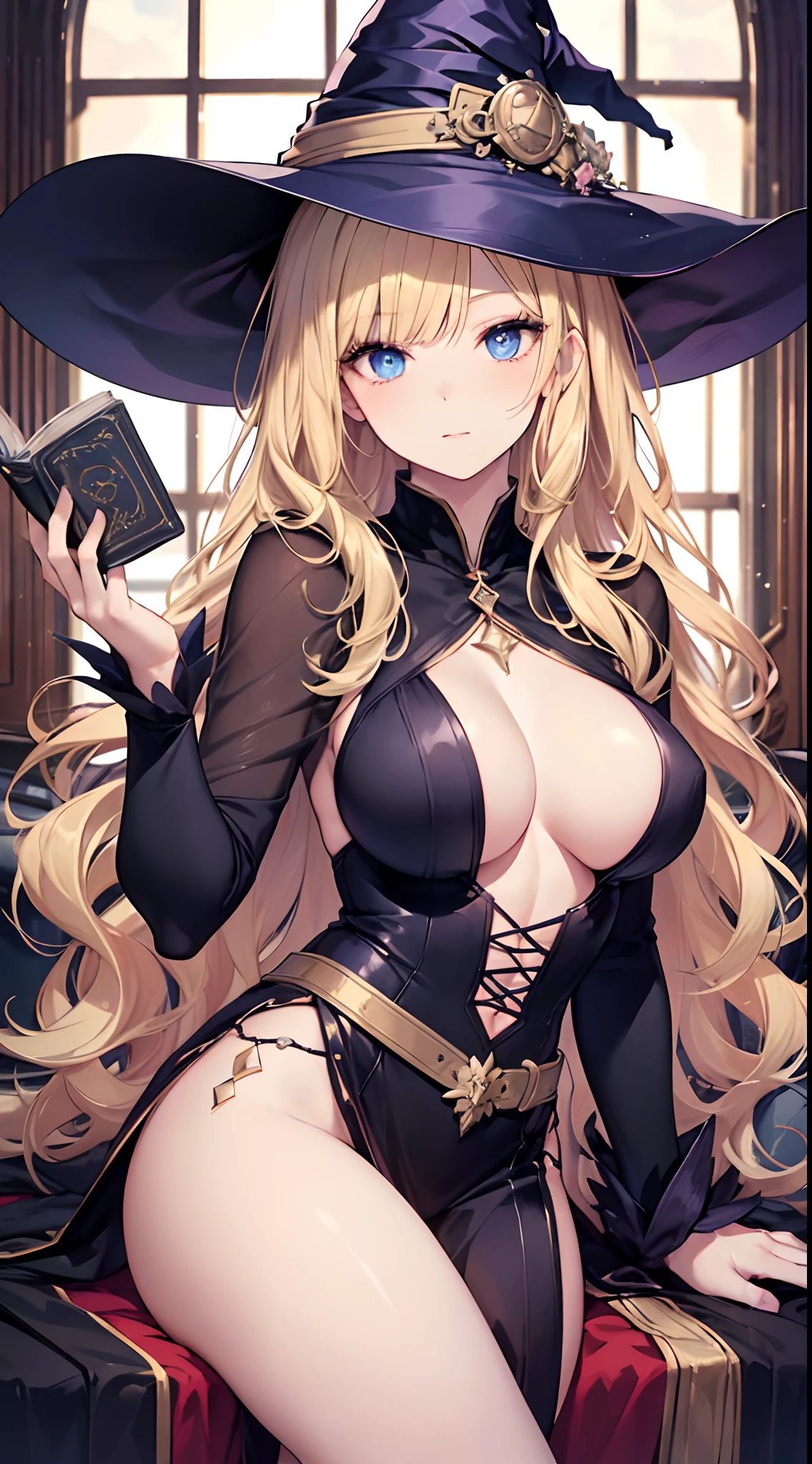 large full , ((1 Beautiful Witch)), ((Blonde hair, long wavy hair with bangs,,,)) (((1 witch, Soio))) )) ((20yr old)) blue eyes, Have a very  body, Full  and narrow waist, And a very  body, Medieval dress European ruffled dress Elegant long sleeve blouse with slightly open , Delicate fabric neckline, Has a bold look, thick and dense makeup. 年轻, qulity, Realistic, fantastic quality, Poses, ((((face perfect)))) Gentle expression, Soft lips, Calm expression, House of Scary Witch Sitting On Old Torn Sofa, Magic, magia, Boiling cauldron, Spell recitation, spell book, Bookcase full of cobwebs, Beautiful and perfect legs, Clean and perfect hands