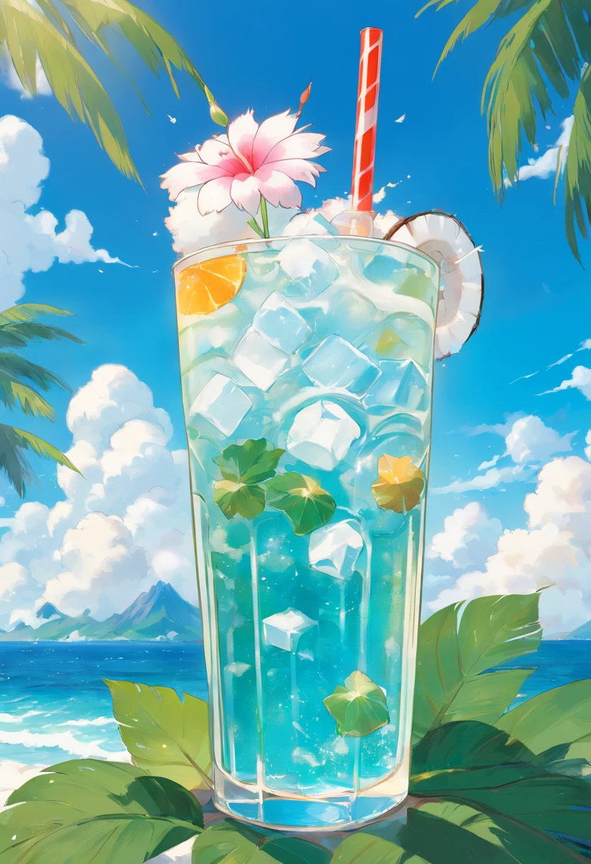 (Chinese beauty) A soft drink made of coconut juice, ice cubes, and coconut juice. Milky white turns white. Very cool. There are colored straws and ice cubes, placed on green leaves, outdoors, a clear blue sky, beautiful clouds