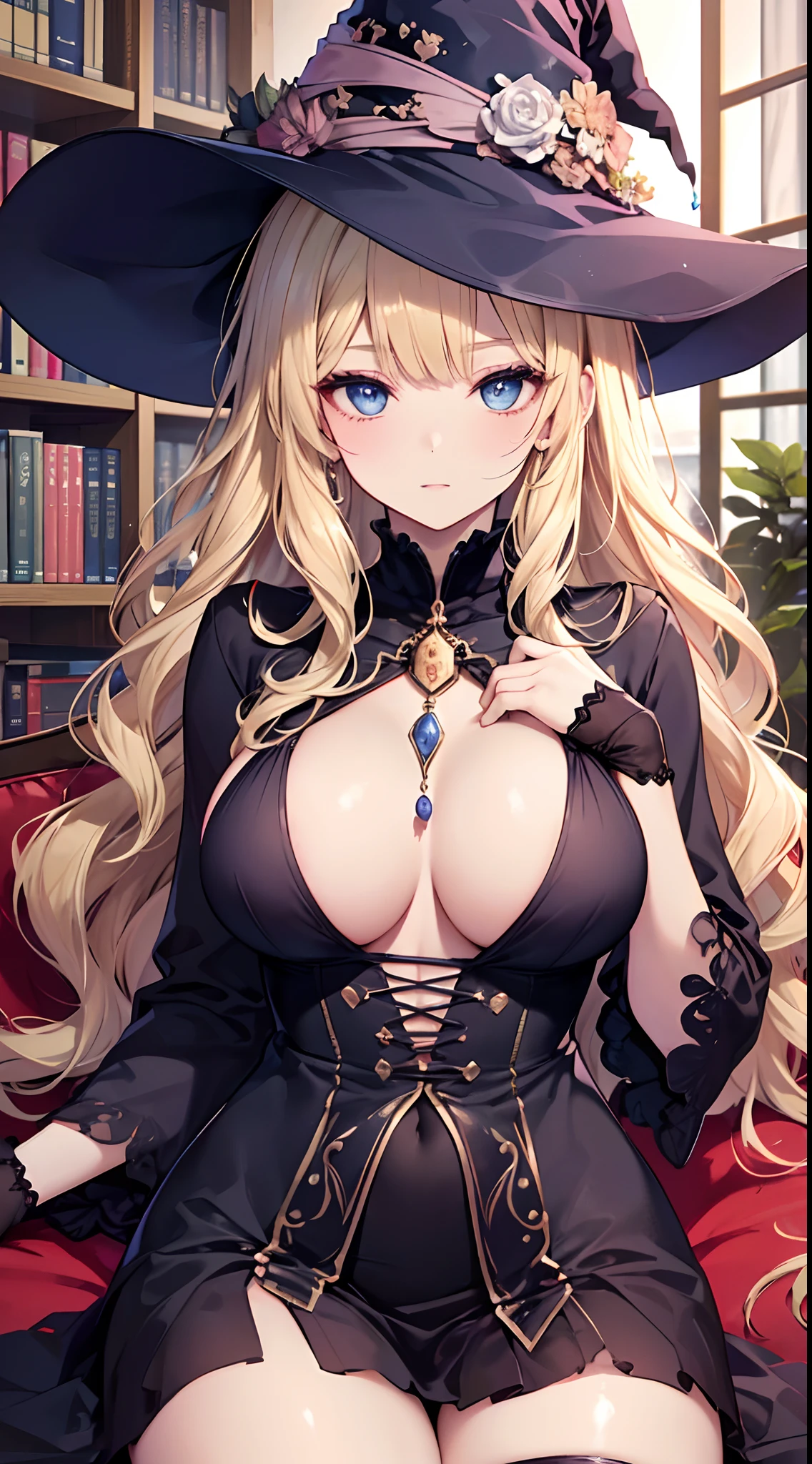 large full breasts, ((1 Beautiful Witch)), ((Blonde hair, long wavy hair with bangs,,,)) (((1 witch, Soio))) )) ((20yr old)) blue eyes, Have a very sexy body, Full chest and narrow waist, And a very sexy body, Medieval dress European ruffled dress Elegant long sleeve blouse with slightly open chest, Delicate fabric neckline, Has a bold look, thick and dense makeup. 年轻, qulity, Realistic, fantastic quality, Poses, ((((face perfect)))) Gentle expression, Soft lips, Calm expression, House of Scary Witch Sitting On Old Torn Sofa, Magic, magia, Boiling cauldron, Spell recitation, spell book, Bookcase full of cobwebs, Beautiful and perfect legs, Clean and perfect hands