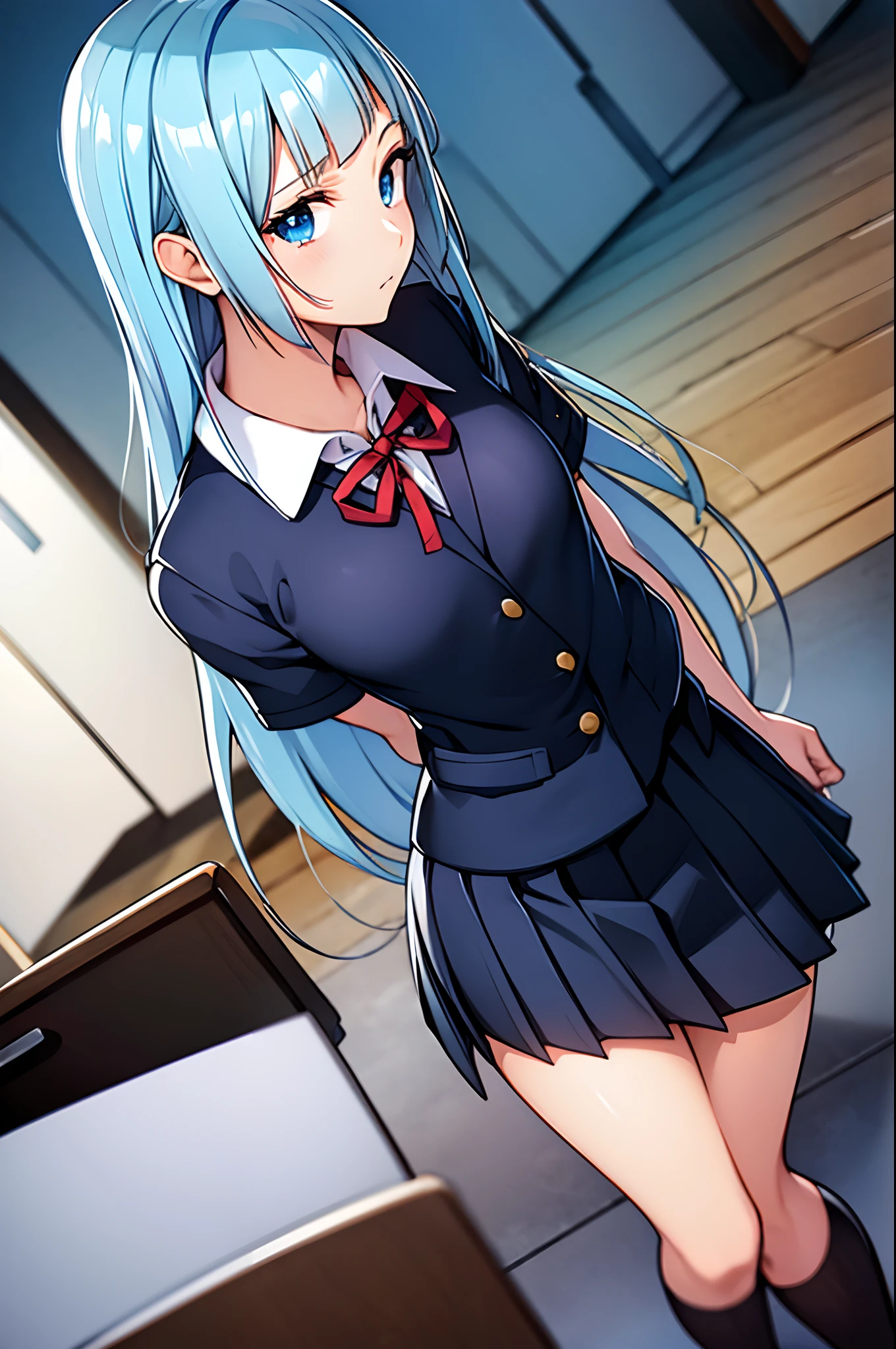 miwakasumi, eyes, blue hair, long hair, BREAK necktie, pleated skirt, school uniform, short sleeves, skirt, (u.a. school uniform:1.5), BREAK looking at viewer, full body, BREAK indoors, classroom, BREAK (masterpiece:1.2), best quality, high resolution, unity 8k wallpaper, (illustration:0.8), (beautiful detailed eyes:1.6), extremely detailed face, perfect lighting, extremely detailed CG, (perfect hands, perfect anatomy)