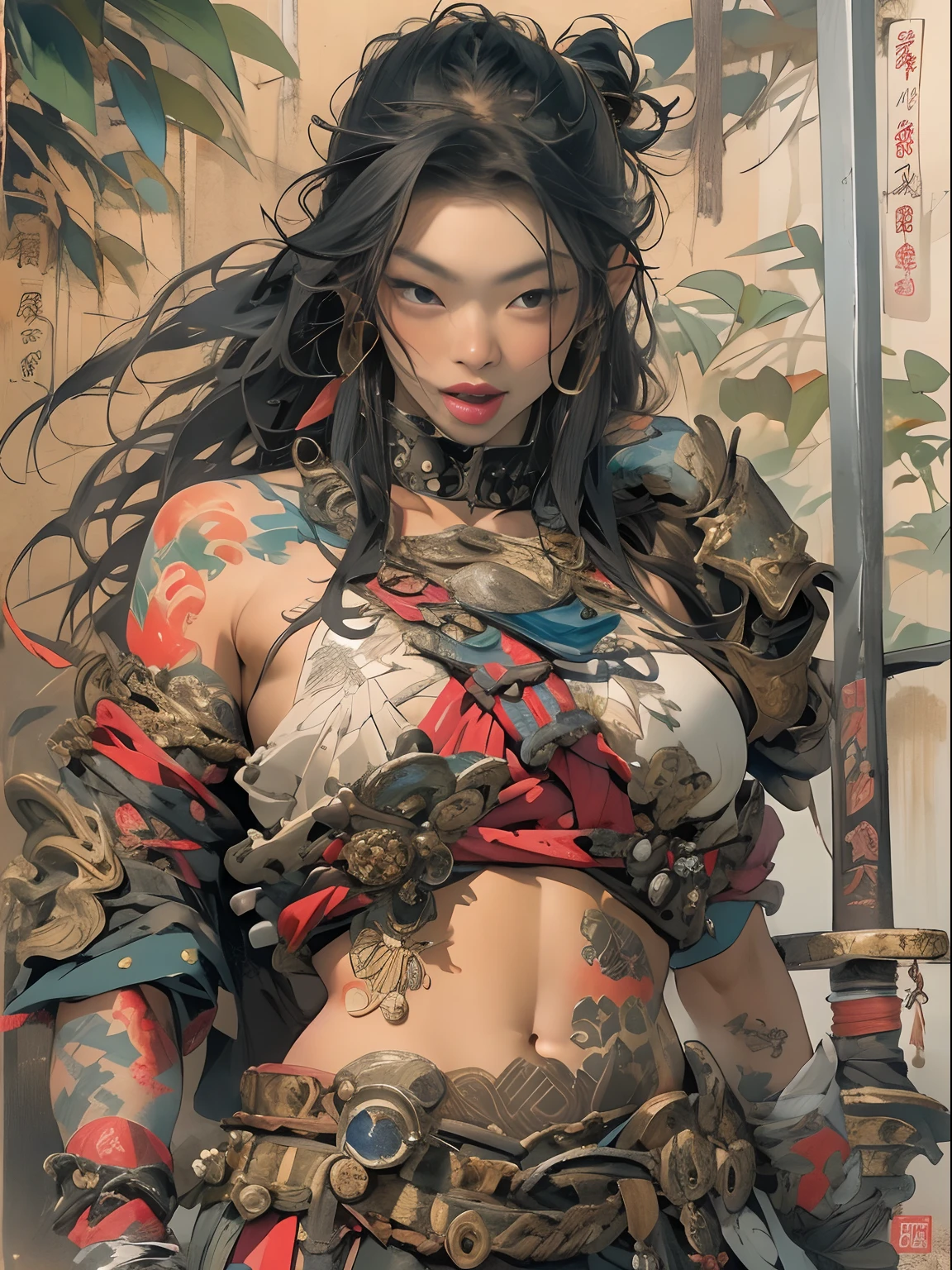 (((woman))), (((best qualityer))), (((tmasterpiece))), (((AS-Adult))), ((( Japanese ))), Look up from your knees, A beautiful asian samurai woman with perfect body, Modern samurai, ((( Asian))), Wear gloves on your hands，The left arm is made of steel and metal tips，Made of protective devices, The eyes are pulled, (( Appears below the breast )), (( Small dental floss )), Simon Bisley, Almost naked（Simon Bisley）Castle City Wilderness，For high-resolution posters, hair straight, Minimum clothing, armure (Crazy clothes ), Full of tips and rivets, tribal tattoos, (((full bodyesbian))), Straight brunette hair，Colored hair ends