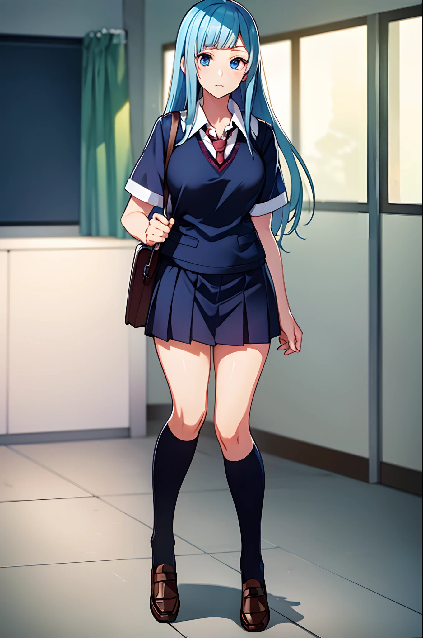 miwakasumi, eyes, blue hair, long hair, BREAK necktie, pleated skirt, school uniform, short sleeves, skirt, (u.a. school uniform:1.5), BREAK looking at viewer, full body, BREAK indoors, classroom, BREAK (masterpiece:1.2), best quality, high resolution, unity 8k wallpaper, (illustration:0.8), (beautiful detailed eyes:1.6), extremely detailed face, perfect lighting, extremely detailed CG, (perfect hands, perfect anatomy)