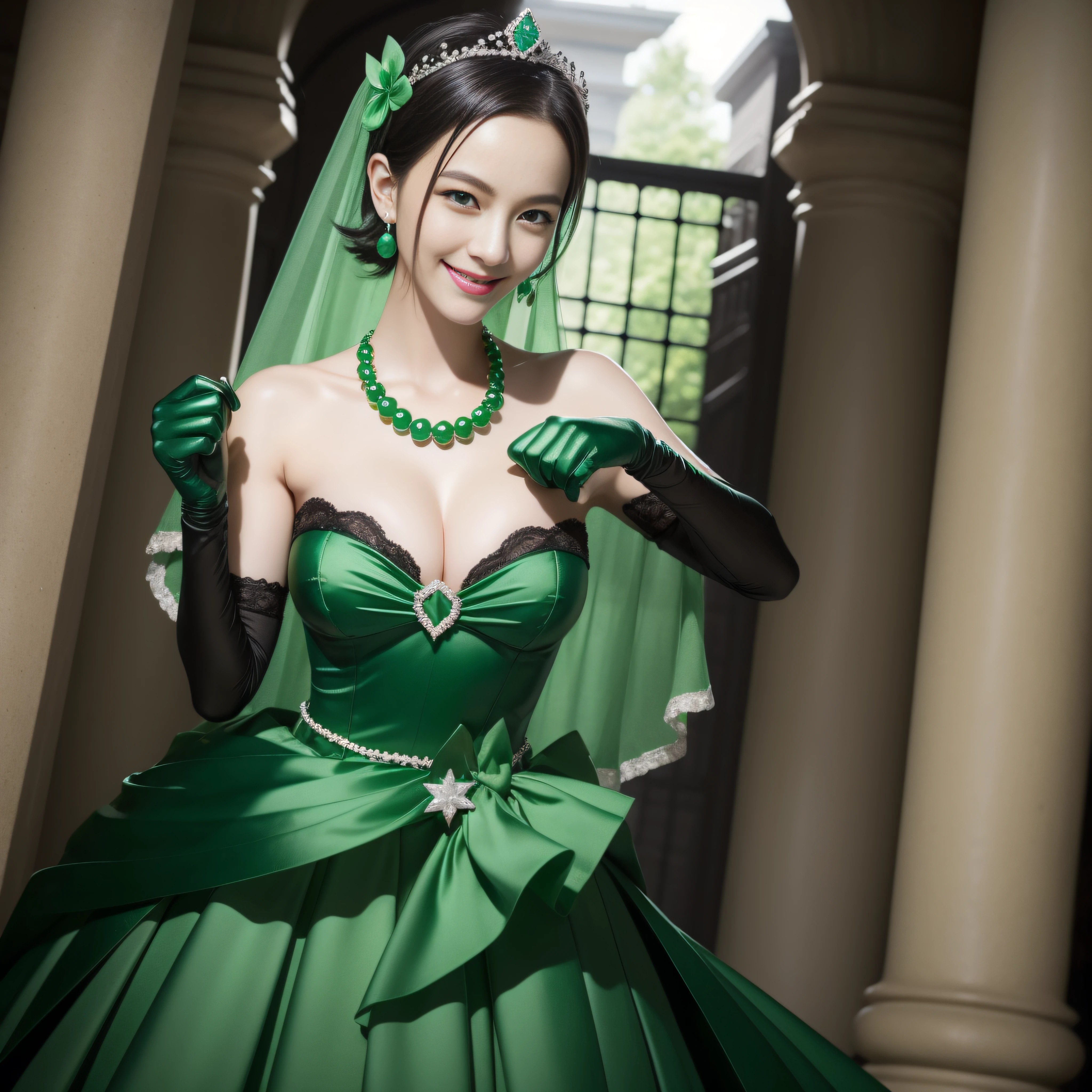 emerald tiara, Green Pearl Necklace, Boyish very short black hair, lipsticks, Japan woman smiling, Long green gloves made of satin material, very short short hair, fist, big breasts beautiful, Green eyes