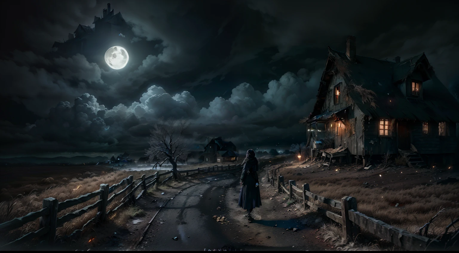realistic photo of an old and abandoned house, create a cold and dark night, broken stone road, old fences, poor lighting, old trees with dry branches, dry leaves on the ground, fog, heavy clouds, small moon in the sky, old poles lighting and a girl in a black dress and scarf watching