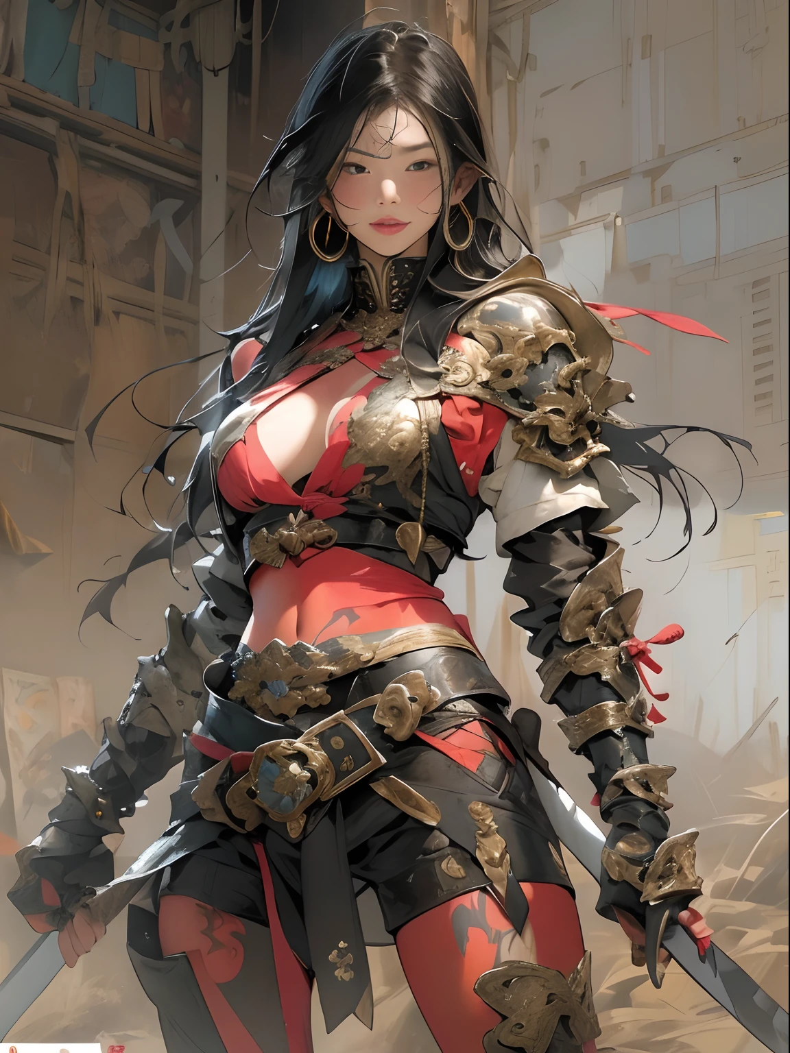 (((woman))), (((best qualityer))), (((tmasterpiece))), (((AS-Adult))), ((( Japanese ))), Look up from your knees, A beautiful asian samurai woman with perfect body, Modern samurai, ((( Asian))), Wear gloves on your hands，The left arm is made of steel and metal tips，Made of protective devices, The eyes are pulled, (( Appears below the breast )), (( Small dental floss )), Simon Bisley, Almost naked（Simon Bisley）Castle City Wilderness，For high-resolution posters, hair straight, Minimum clothing, armure (Crazy clothes ), Full of tips and rivets, tribal tattoos, (((full bodyesbian))), Straight brunette hair，Colored hair ends