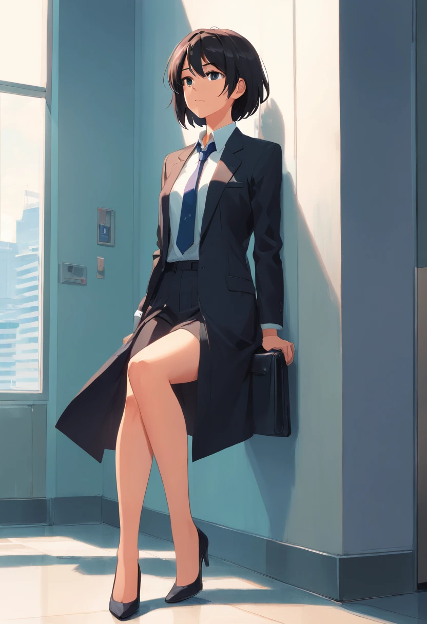 8K delicate perfect true 2D hair long eyes black young mature woman wearing suit black, legs dressed in black silk, delicate face, Figure mature（photo du corps entier）Leaning against a white wall, looking ahead, son visage est froid