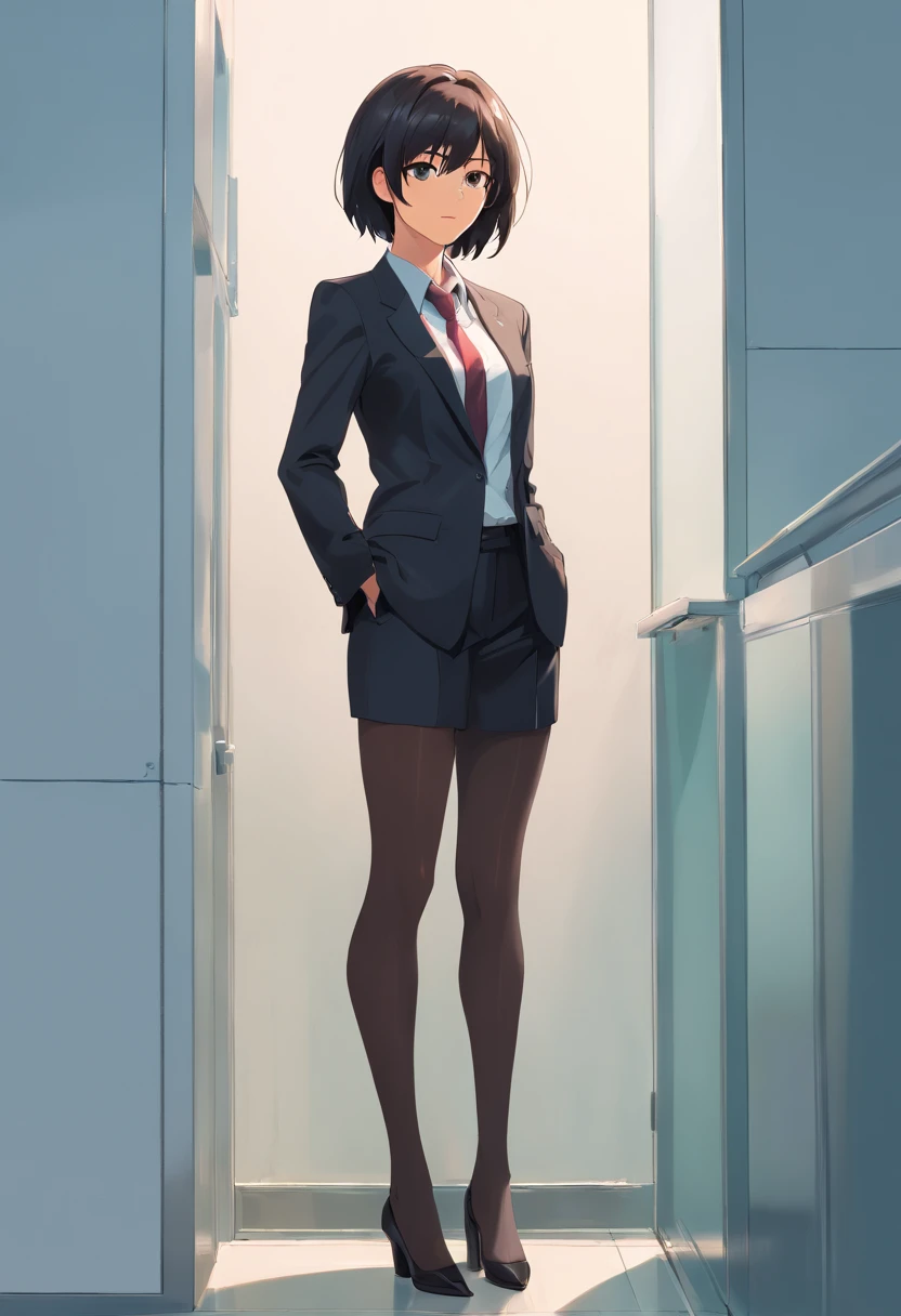 8K delicate perfect true 2D hair long eyes black young mature woman wearing suit black, legs dressed in black silk, delicate face, Figure mature(photo du corps entier)Leaning against a white wall, looking ahead, son visage est froid