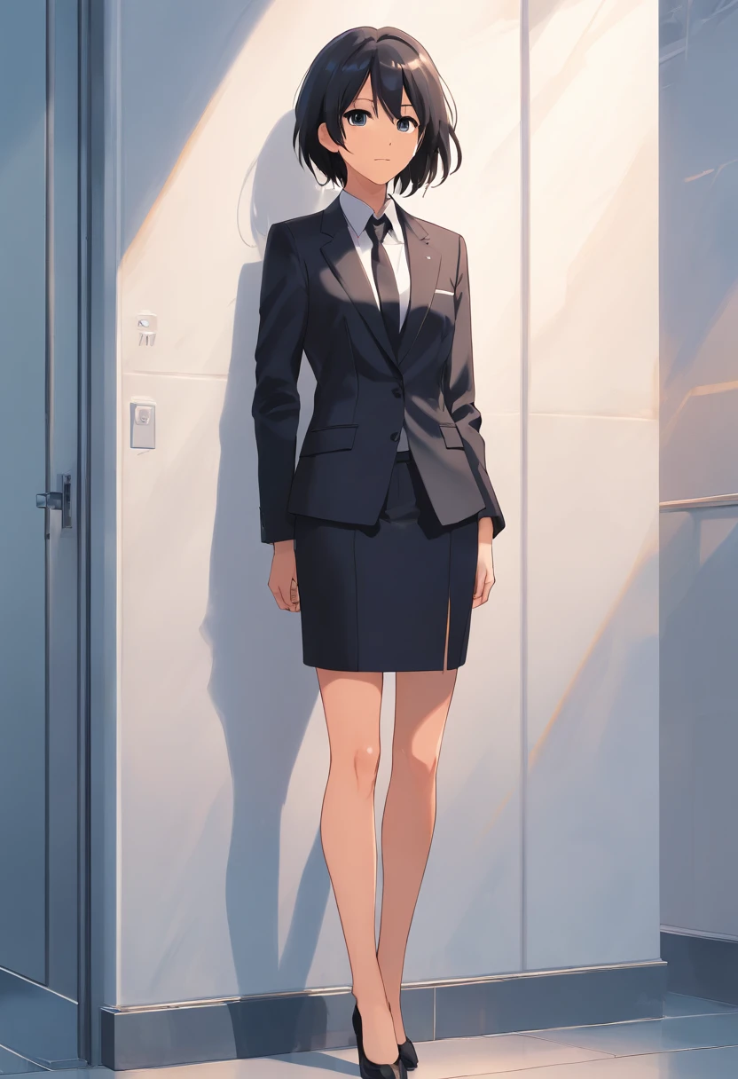 8K delicate perfect true 2D hair long eyes black young mature woman wearing suit black, legs dressed in black silk, delicate face, Figure mature（photo du corps entier）Leaning against a white wall, looking ahead, son visage est froid