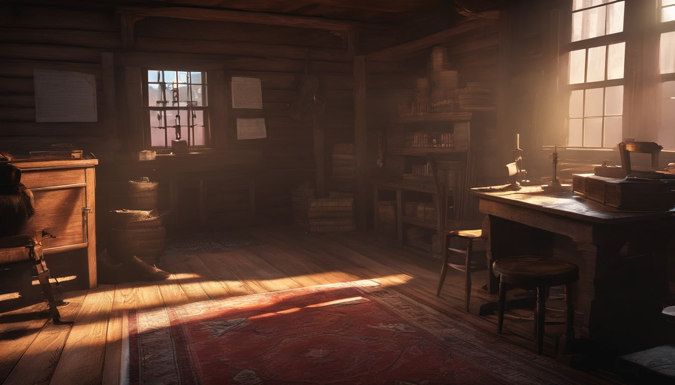 (best quality,4k,8k,highres,masterpiece:1.2),ultra-detailed,(realistic,photorealistic,photo-realistic:1.37),red dead redemption 2 artwork style,dark room,1899 western style,sheriff office,sheriff office decoration ,sheriff badge,wooden desk,oil painting texture,vintage atmosphere,vibrant colors,soft lighting,Wanted posters hanging on the wall,old wooden walls and floors,strong shadows,leather chairs,dusty air,aged artifacts,authentic costumes,cowboy boots,revolver holsters,jail cells in the background,old documents on the desk,authentic western rifles,antique furniture,sunlight streaming through the window,whiskey bottles on the table,handwritten letters,fireplace with a flickering flame,a painting of the wild west landscape in the background sheriff malloy