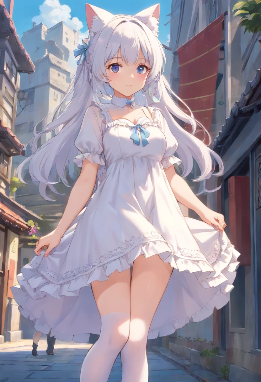 No shoes，Stand barefoot，masterpiece，Long white hair，，In the city，Full limbs，loli，The face is delicate，white color hair，double ponytail curls，blue color eyes，White Lolita，Long-range shots，white stockings，There are cat ears on the head, robe blanche， silber hair, in a nice dress, white haired, white-haired girl, crouching down，Spread your legs apart, underessed, revealing