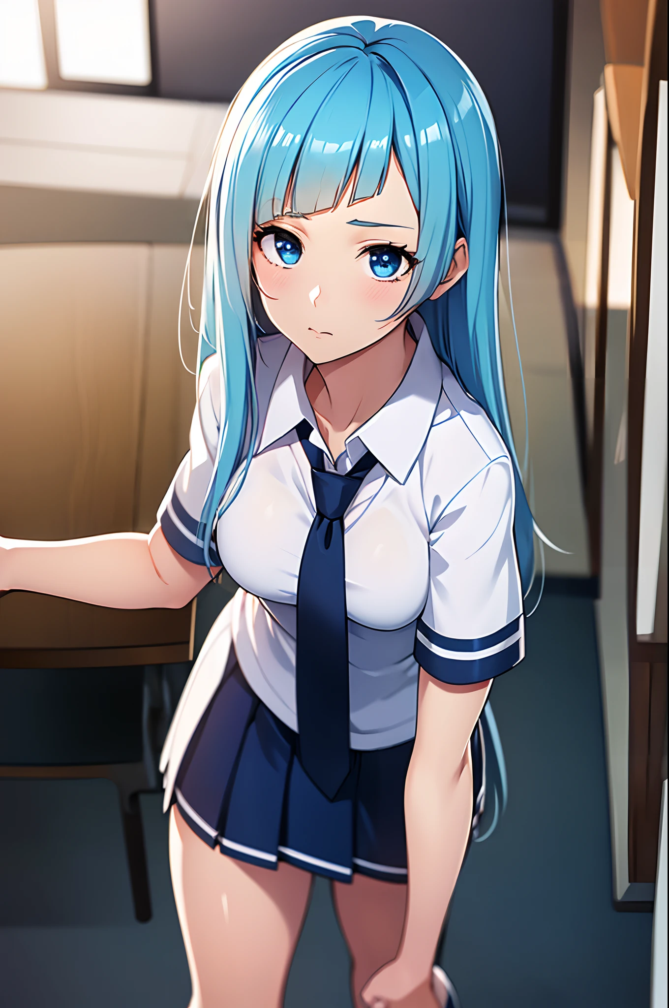 miwakasumi, eyes, blue hair, long hair, BREAK necktie, pleated skirt, school uniform, short sleeves, skirt, (u.a. school uniform:1.5), BREAK looking at viewer, full body, BREAK indoors, classroom, BREAK (masterpiece:1.2), best quality, high resolution, unity 8k wallpaper, (illustration:0.8), (beautiful detailed eyes:1.6), extremely detailed face, perfect lighting, extremely detailed CG, (perfect hands, perfect anatomy)