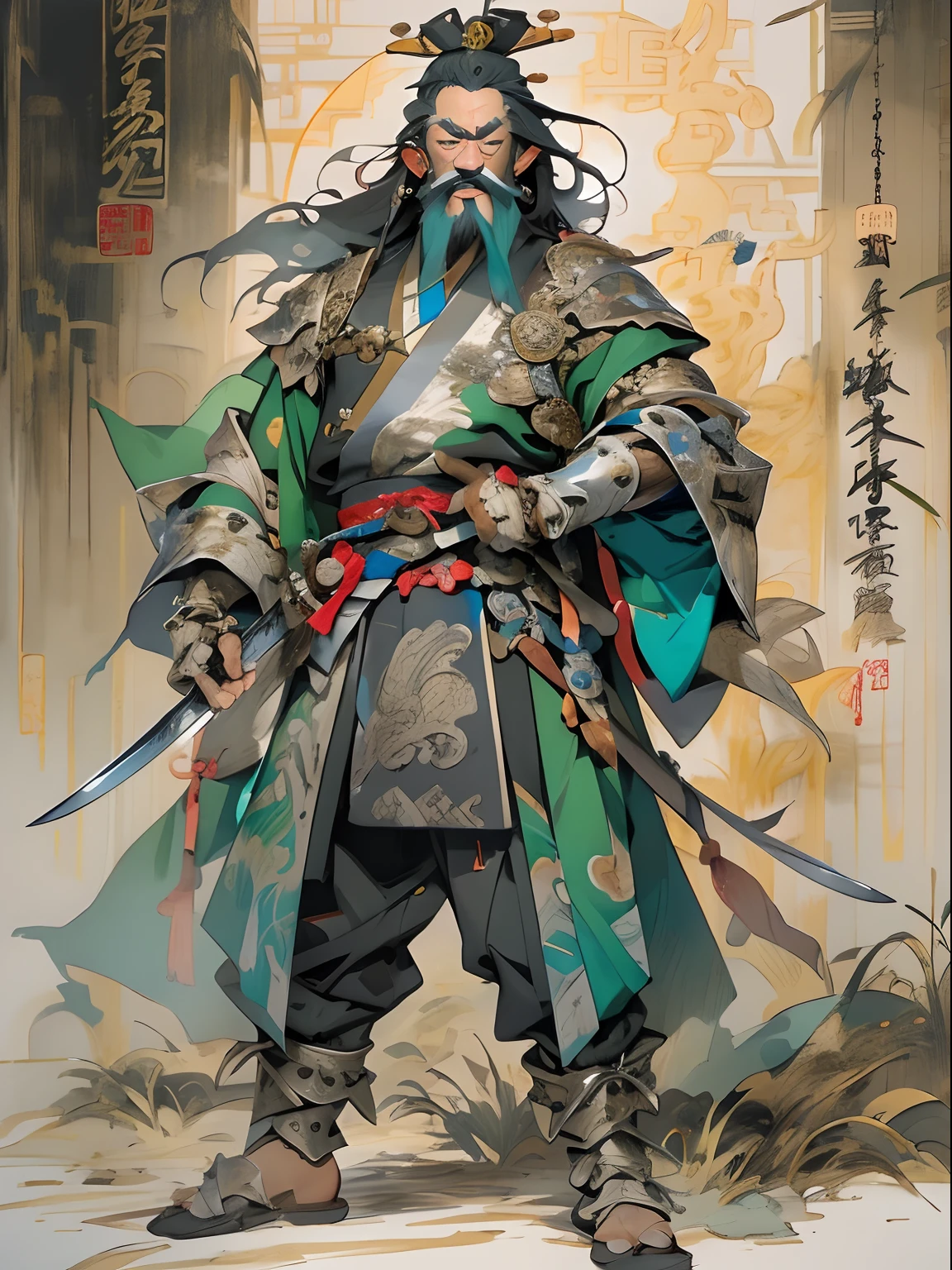 (((China-style，Ink painting method，Half-length portrait，Intense color，Han dynasty, China，Hanfu，Armor，Guan yu，Guan Yunchang，of a guy，Ruddy killing square face，Hold the Blue Dragon Moon Knife in his right hand，Stroke your beard with your left hand，Long hair，petty eyes，Green robe))), (((best qualityer))), (((tmasterpiece))), (((AS-Adult))), ((( Japanese ))), Look up from your knees, Handsome Asian samurai，perfect body figure, Modern samurai, ((( Asian))), Wear gloves on your hands，The left arm is made of steel and metal tips，Made of protective devices, The eyes are pulled, (( Appears below the chest )), (( Small dental floss )), Simon Bisley, Almost naked（Simon Bisley）Castle City Wilderness，For high-resolution posters, hair straight, Minimum clothing, armure (Crazy clothes ), Full of tips and rivets, tribal tattoos, (((full bodyesbian))), Straight brunette hair，Colored hair ends