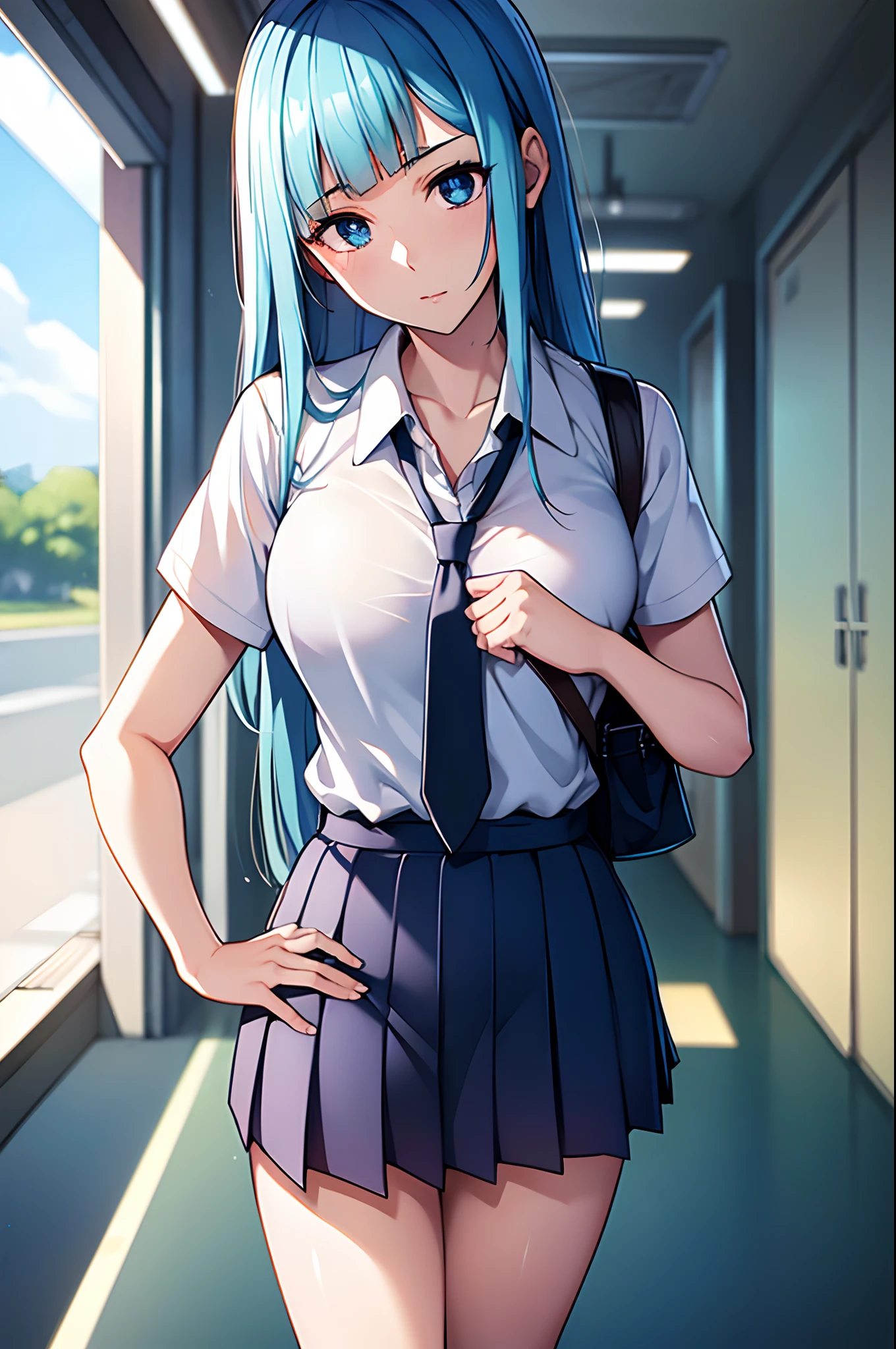 miwakasumi, eyes, blue hair, long hair, BREAK necktie, pleated skirt, school uniform, short sleeves, skirt, (u.a. school uniform:1.5), BREAK looking at viewer, full body, BREAK indoors, classroom, BREAK (masterpiece:1.2), best quality, high resolution, unity 8k wallpaper, (illustration:0.8), (beautiful detailed eyes:1.6), extremely detailed face, perfect lighting, extremely detailed CG, (perfect hands, perfect anatomy)