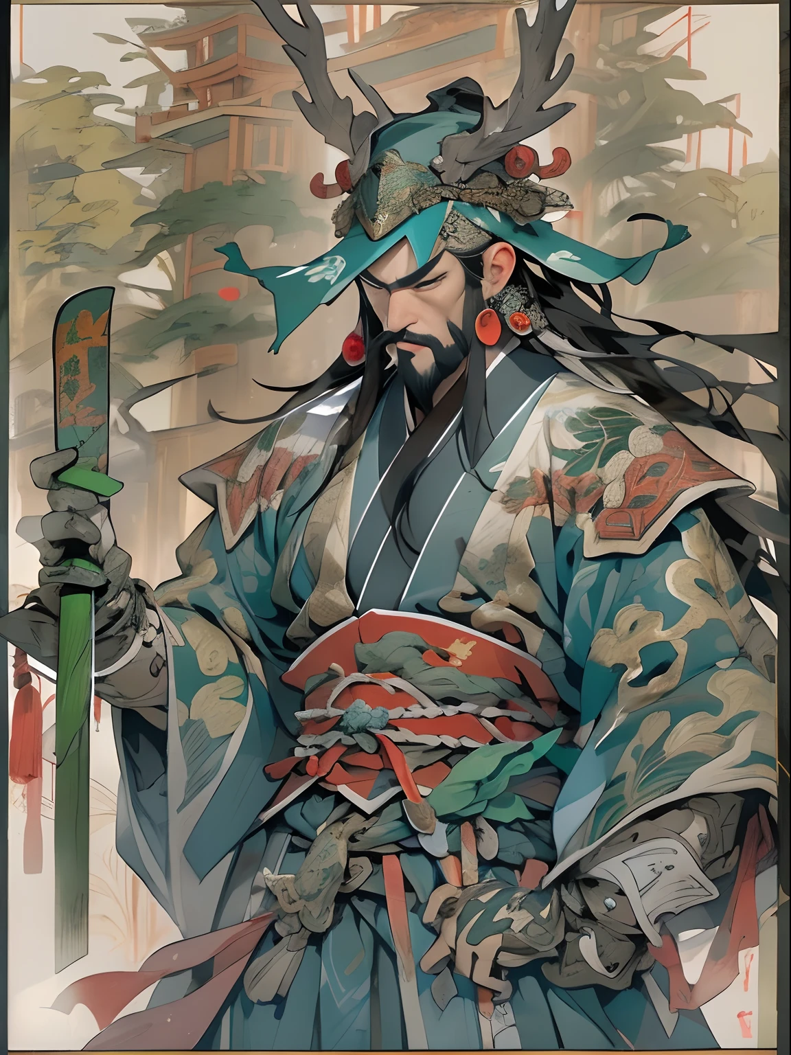 (((China-style,Ink painting method,Half-length portrait,Intense color,Han dynasty, China,Hanfu,Armor,Guan yu,Guan Yunchang,of a guy,Ruddy killing square face,Hold the Blue Dragon Moon Knife in his right hand,Stroke your beard with your left hand,Long hair,petty eyes,Green robe))), (((best qualityer))), (((tmasterpiece))), (((AS-Adult))), ((( Japanese ))), Look up from your knees, Handsome Asian samurai,perfect body figure, Modern samurai, ((( Asian))), Wear gloves on your hands,The left arm is made of steel and metal tips,Made of protective devices, The eyes are pulled, (( Appears below the chest )), (( Small dental floss )), Simon Bisley, Almost naked(Simon Bisley)Castle City Wilderness,For high-resolution posters, hair straight, Minimum clothing, armure (Crazy clothes ), Full of tips and rivets, tribal tattoos, (((full bodyesbian))), Straight brunette hair,Colored hair ends