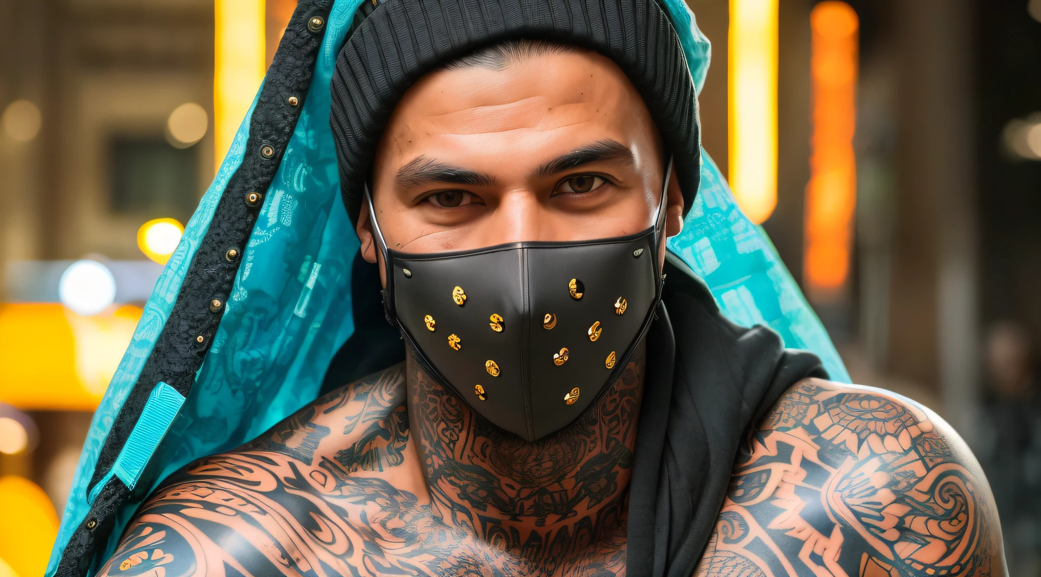 Tattooed man with a mask, 1boy, look into the camera, bank robbery, counting money, neon hair, masterpiece, best quality, highres, UHD, depth of field, 4k, RTX, HDR), hyper realistic, 8k UHD, DSLR, high quality, Cinematic light, Amazing, ray trace, realistic, photo-realistic, finely detailed eyes, finely detailed face, finely quality eyes, 8k, RAW photo,