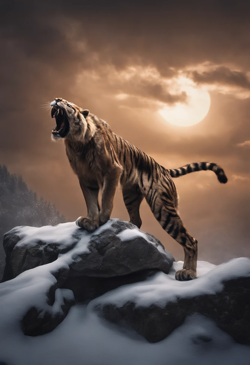 Strange monsters in a fantasy world,sabertooth tiger,long canine teeth,Strong limbs,Covered in flames,Blood,Covered with thick spikes,Moon Night,中景 the scene is,Full body like, highly detailed surreal vfx,oc rendered,Shot with 70 mm - AR 16:9 --q 2 --s 1000