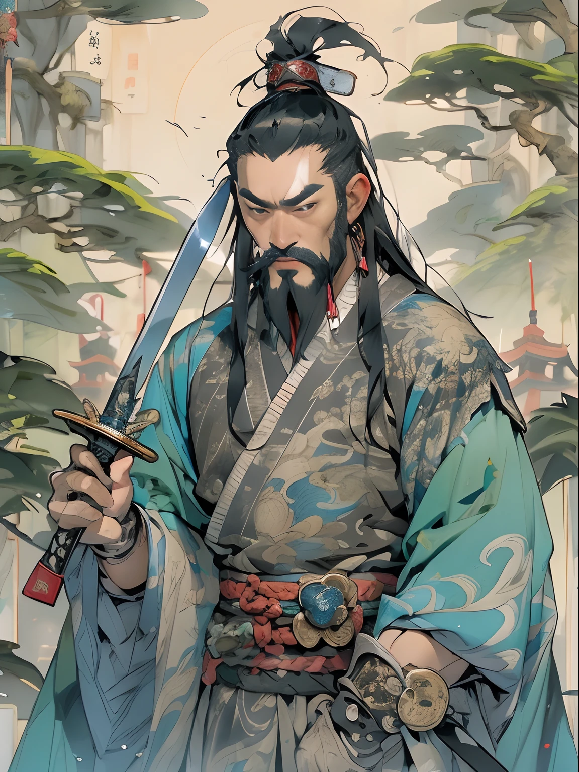 (((China-style，Ink painting method，Half-length portrait，Intense color，Han dynasty, China，Hanfu，Armor，Guan yu，Guan Yunchang，of a guy，Ruddy killing square face，Hold the Blue Dragon Moon Knife in his right hand，Stroke your beard with your left hand，Long hair，petty eyes，Green robe))), (((best qualityer))), (((tmasterpiece))), (((AS-Adult))), ((( Japanese ))), Look up from your knees, Handsome Asian samurai，perfect body figure, Modern samurai, ((( Asian))), Wear gloves on your hands，The left arm is made of steel and metal tips，Made of protective devices, The eyes are pulled, (( Appears below the chest )), (( Small dental floss )), Simon Bisley, Almost naked（Simon Bisley）Castle City Wilderness，For high-resolution posters, hair straight, Minimum clothing, armure (Crazy clothes ), Full of tips and rivets, tribal tattoos, (((full bodyesbian))), Straight brunette hair，Colored hair ends