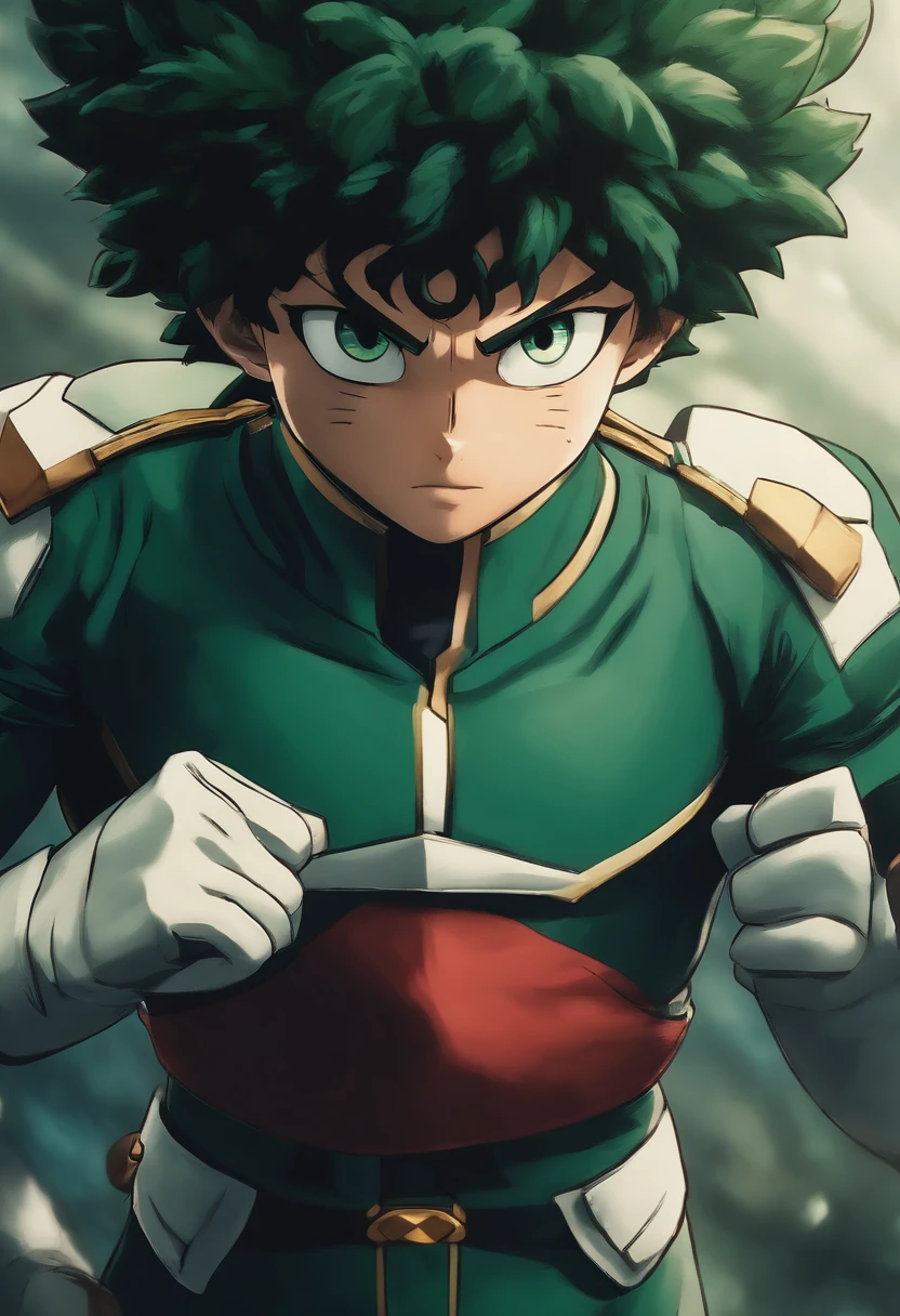 Ultra realistic image of Izuku Midoriya wearing his hero uniform, com seu cabelo verde espetado e um olhar determinado