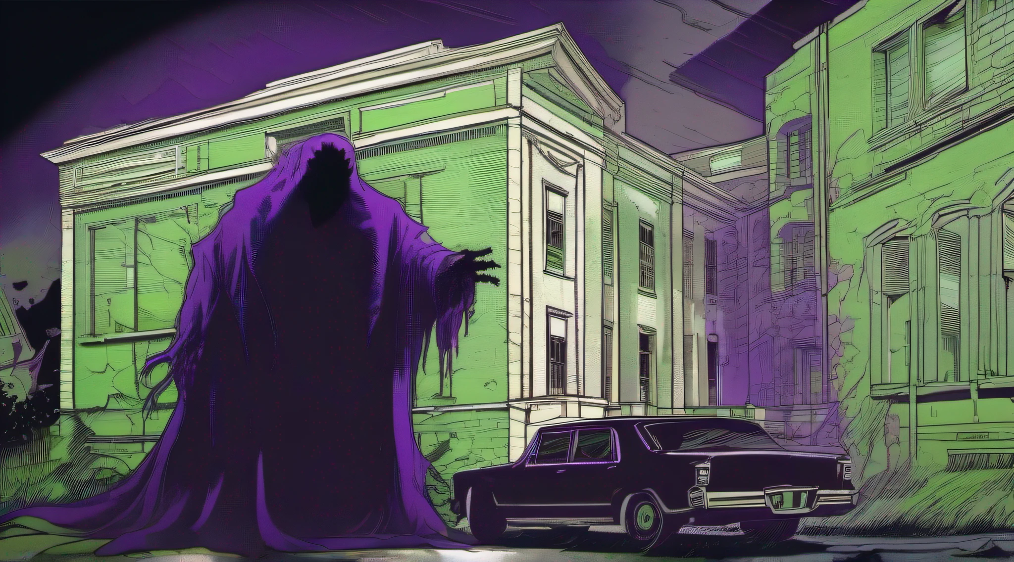 A Photograph capturing a macabre and unnerving (monster:1.3), shrouded in inky shadows, emerging from the darkness of an abandoned building, shrouded in haunting tones of deep purple and eerie green. The composition emphasizes the monster's menacing presence through dynamic angles and atmospheric lighting.