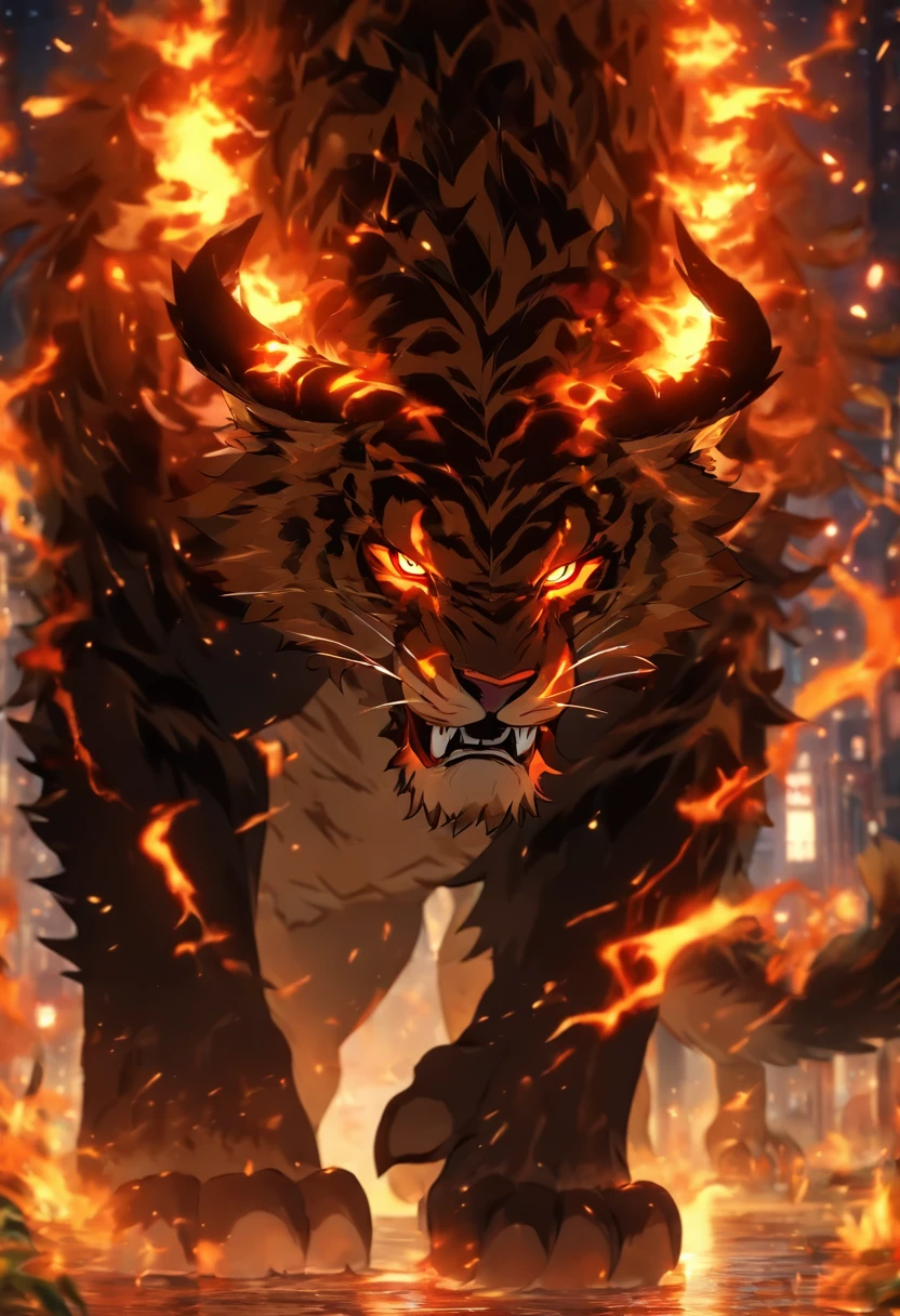 Strange monsters in a fantasy world,sabertooth tiger,long canine teeth,Strong limbs,Covered in flames,Blood,Covered with thick spikes,Moon Night,中景 the scene is,Full body like, highly detailed surreal vfx,oc rendered,Shot with 70 mm - AR 16:9 --q 2 --s 1000