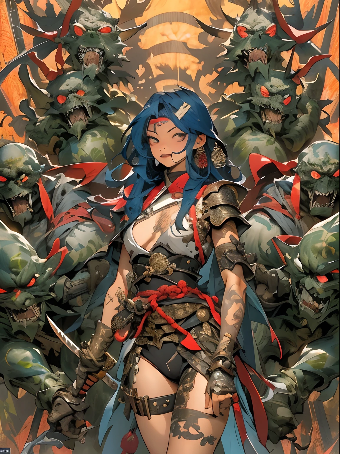 (((mtu))), (((best qualityer))), (((tmasterpiece))), (((AS-Adult))), ((( Japanese ))), Look up from your knees, Handsome Asian samurai,perfect body figure, Modern samurai, ((( Asian))), Wear gloves on your hands,The left arm is made of steel and metal tips,Made of protective devices, The eyes are pulled, (( Appears below the chest )), (( Small dental floss )), Simon Bisley, Almost naked(Simon Bisley)Castle City Wilderness,For high-resolution posters, hair straight, Minimum clothing, armure (Crazy clothes ), Full of tips and rivets, tribal tattoos, (((full bodyesbian))), Straight brunette hair,Colored hair ends