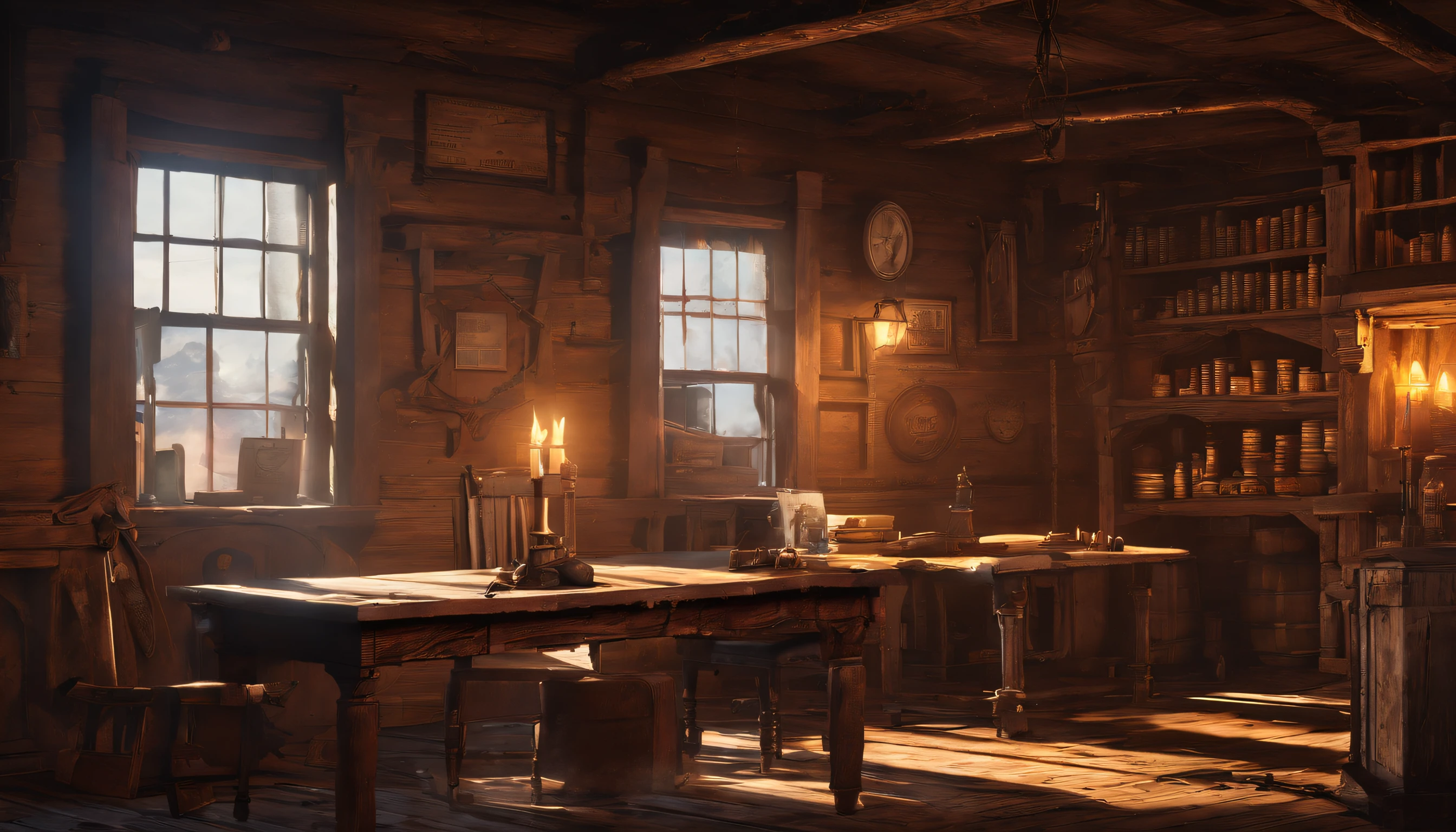 (best quality,4k,8k,highres,masterpiece:1.2),ultra-detailed,(realistic,photorealistic,photo-realistic:1.37),red dead redemption 2 artwork style,dark room,1899 western style,sheriff office,sheriff office decoration ,sheriff badge,wooden desk,oil painting texture,vintage atmosphere,vibrant colors,soft lighting,Wanted posters hanging on the wall,old wooden walls and floors,strong shadows,leather chairs,dusty air,aged artifacts,authentic costumes,cowboy boots,revolver holsters,jail cells in the background,old documents on the desk,authentic western rifles,antique furniture,sunlight streaming through the window,whiskey bottles on the table,handwritten letters,fireplace with a flickering flame,a painting of the wild west landscape in the background sheriff malloy