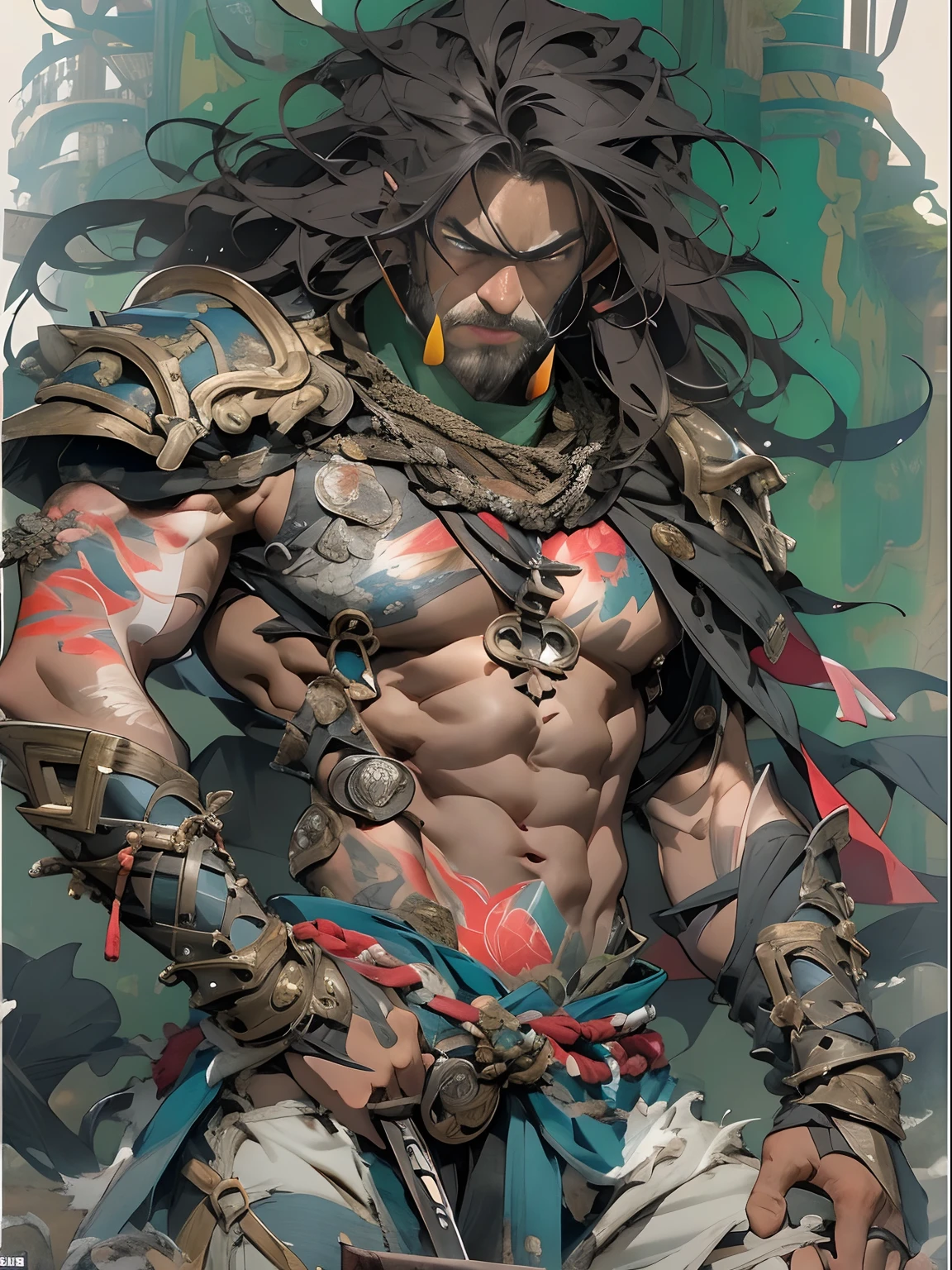 (((mtu))), (((best qualityer))), (((tmasterpiece))), (((AS-Adult))), ((( Japanese ))), Look up from your knees, Handsome Asian samurai,perfect body figure, Modern samurai, ((( Asian))), Wear gloves on your hands,The left arm is made of steel and metal tips,Made of protective devices, The eyes are pulled, (( Appears below the chest )), (( Small dental floss )), Simon Bisley, Almost naked(Simon Bisley)Castle City Wilderness,For high-resolution posters, hair straight, Minimum clothing, armure (Crazy clothes ), Full of tips and rivets, tribal tattoos, (((full bodyesbian))), Straight brunette hair,Colored hair ends