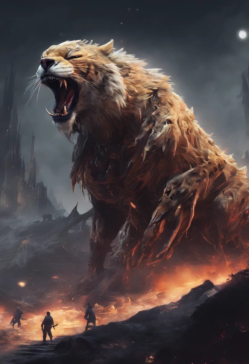 Strange monsters in a fantasy world，sabertooth tiger，long canine teeth，Strong limbs，Covered in flames，Blood，Covered with thick spikes，Moon Night，中景 the scene is，Full body like， highly detailed surreal vfx，oc rendered，Shot with 70 mm - AR 16:9 --q 2 --s 1000