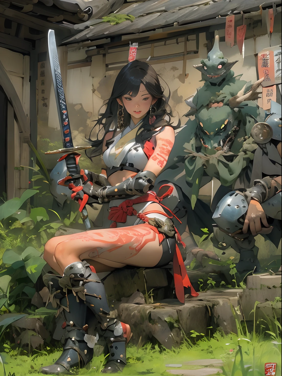 (((woman))), (((best qualityer))), (((tmasterpiece))), (((AS-Adult))), ((( Japanese ))), Look up from your knees, A beautiful asian samurai woman with perfect body, Modern samurai, ((( Asian))), Wear gloves on your hands，The left arm is made of steel and metal tips，Made of protective devices, The eyes are pulled, (( Appears below the breast )), (( Small dental floss )), Simon Bisley, Almost naked（Simon Bisley）Castle City Wilderness，For high-resolution posters, hair straight, Minimum clothing, armure (Crazy clothes ), Full of tips and rivets, tribal tattoos, (((full bodyesbian))), Straight brunette hair，Colored hair ends