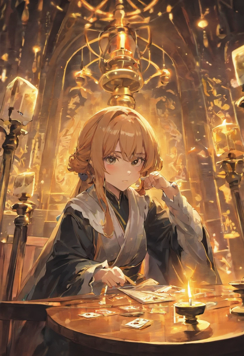 (tmasterpiece,best qualtiy),A man in a cloak at the table,There are twenty faces of dice and candlesticks on the table,Dim Room,anime big breast