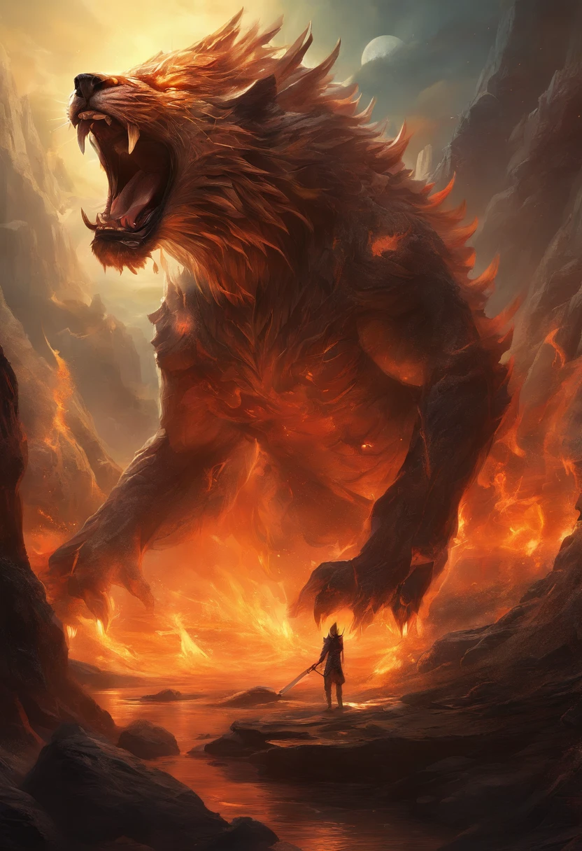 Strange monsters in a fantasy world，sabertooth tiger，long canine teeth，Strong limbs，Covered in flames，Blood，Covered with thick spikes，Moon Night，中景 the scene is，Full body like， highly detailed surreal vfx，oc rendered，Shot with 70 mm - AR 16:9 --q 2 --s 1000