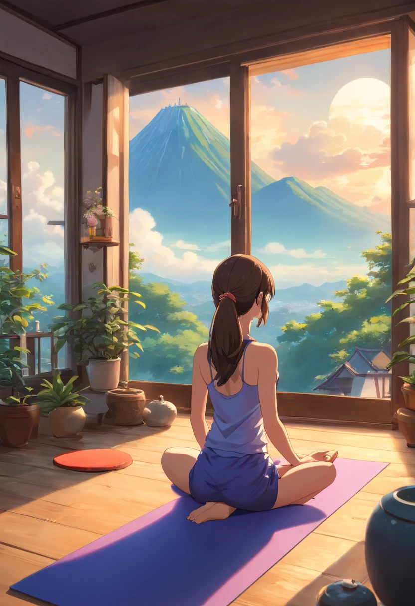 (best quality,4k,8k,highres,masterpiece:1.2),ultra-detailed,(realistic,photorealistic,photo-realistic:1.37),Sky at dawn,silhouette,[woman],[doing yoga],[30-year-old],(yoga mat),ethereal sensation,postures.