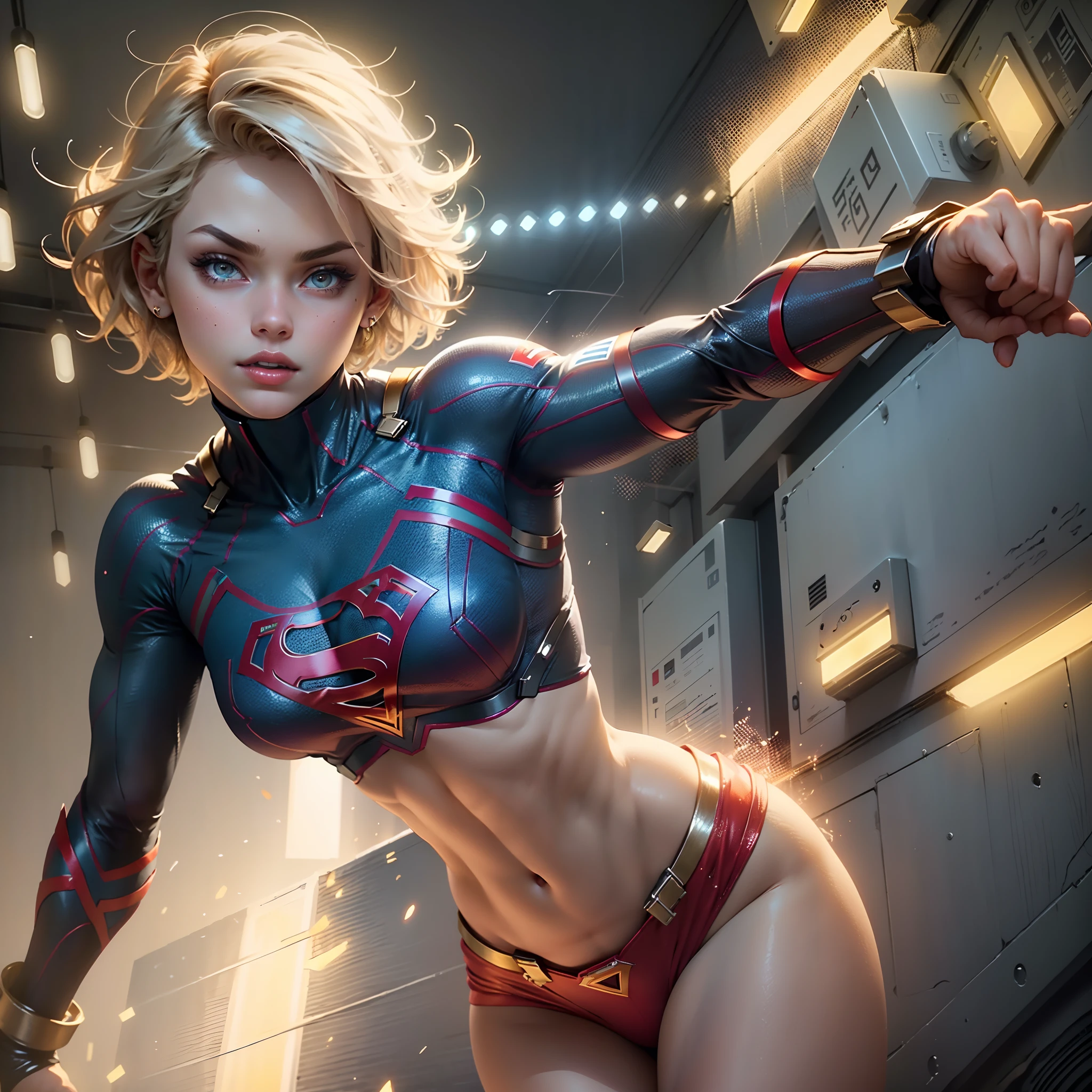 "((best quality,best illumination)), beautiful model with short hair and athletic body, wearing Supergirl cosplay, accentuated and highlighted breasts, dynamic pose, colorful background, high saturation, vibrant lights."