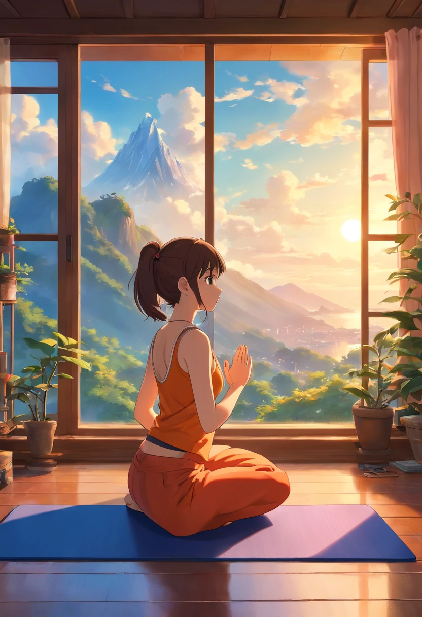 (best quality,4k,8k,highres,masterpiece:1.2),ultra-detailed,(realistic,photorealistic,photo-realistic:1.37),Sky at dawn,silhouette,[woman],[doing yoga],[30-year-old],(yoga mat),ethereal sensation,postures.