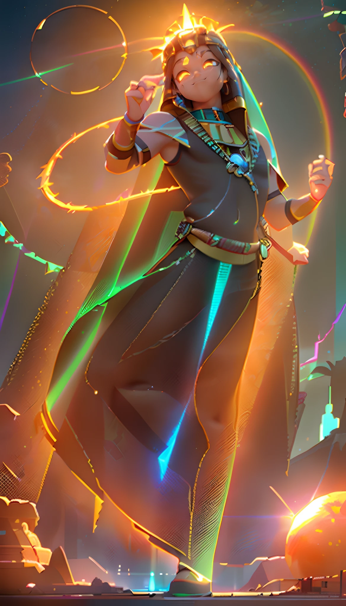 (Dynamic Angle:1.4), ((Full body posing:1.5), (Colorful:1.2), (Highly detailed CG Unity 16K wallpaper:1.1), (Denoising strength: 1.45), (tmasterpiece:1.37), ((Official art)), of the highest quality, (Realistic), (Male child:1.5), (Short-cut hair:1.2),(Costume of Sun God Ra:1.5),Golden hair,Glowing eyes,(yellow  eyes:1.2),((Poses in motion:1.4)),((Costume of Sun God Ra:1.3)),wires, (LED:1.3), (a hologram:1.2),(The sun overhead:1.3), Streets of Egypt,  (Night:1.2), (Rainbow Model:1.2), 8K resolution, (Anime style:1.3), Cinematic lighting, chromatic abberation, spark of light, Ray tracing, blending, ultra wide-angle,  Hasselblad, (masutepiece), (masutepiece), ((Best Quality)), ((masutepiece)), nffsw
