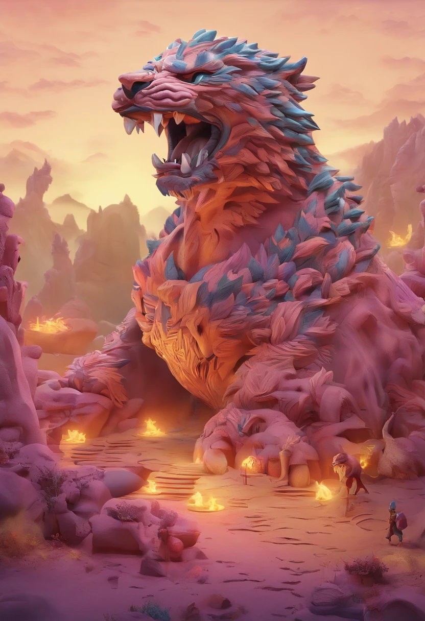 Strange monsters in a fantasy world,sabertooth tiger,long canine teeth,Strong limbs,Covered in flames,Blood,Covered with thick spikes,Moon Night,中景 the scene is,Full body like, highly detailed surreal vfx,oc rendered,Shot with 70 mm - AR 16:9 --q 2 --s 1000