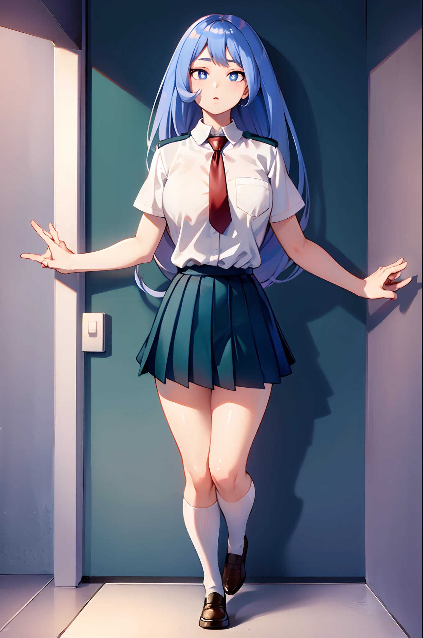 nejirehadou, nejire hadou, blue eyes, blue hair, long hair, BREAK necktie, pleated skirt, school uniform, short sleeves, skirt, (u.a. school uniform:1.5), BREAK looking at viewer, full body, BREAK indoors, classroom, BREAK (masterpiece:1.2), best quality, high resolution, unity 8k wallpaper, (illustration:0.8), (beautiful detailed eyes:1.6), extremely detailed face, perfect lighting, extremely detailed CG, (perfect hands, perfect anatomy),