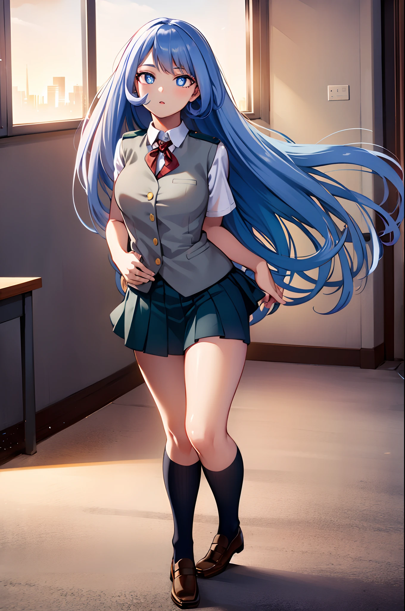 nejirehadou, nejire hadou, blue eyes, blue hair, long hair, BREAK necktie, pleated skirt, school uniform, short sleeves, skirt, (u.a. school uniform:1.5), BREAK looking at viewer, full body, BREAK indoors, classroom, BREAK (masterpiece:1.2), best quality, high resolution, unity 8k wallpaper, (illustration:0.8), (beautiful detailed eyes:1.6), extremely detailed face, perfect lighting, extremely detailed CG, (perfect hands, perfect anatomy),