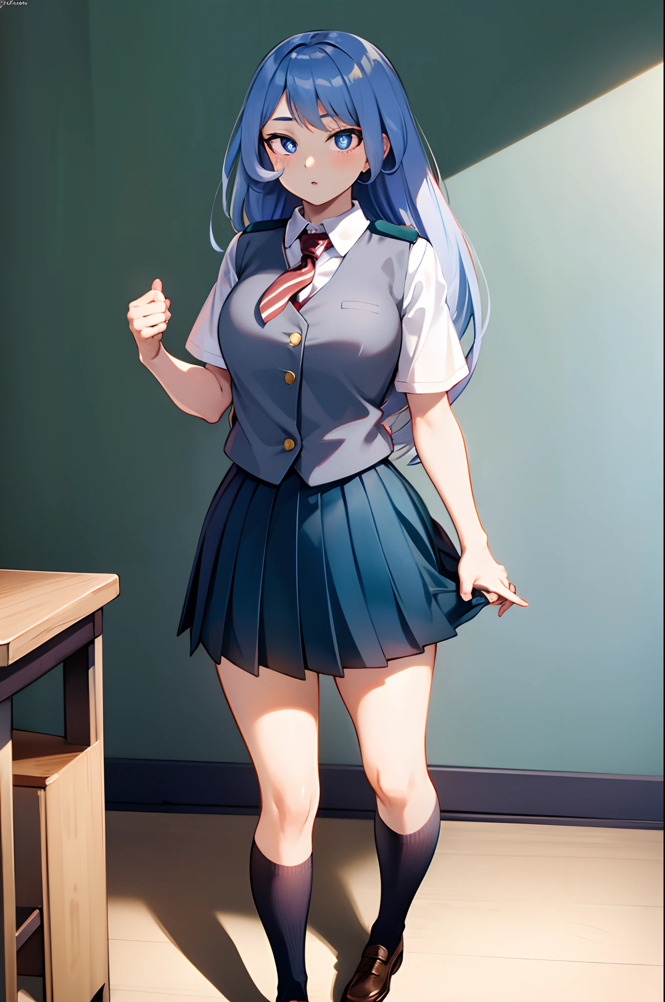 nejirehadou, nejire hadou, blue eyes, blue hair, long hair, BREAK necktie, pleated skirt, school uniform, short sleeves, skirt, (u.a. school uniform:1.5), BREAK looking at viewer, full body, BREAK indoors, classroom, BREAK (masterpiece:1.2), best quality, high resolution, unity 8k wallpaper, (illustration:0.8), (beautiful detailed eyes:1.6), extremely detailed face, perfect lighting, extremely detailed CG, (perfect hands, perfect anatomy),