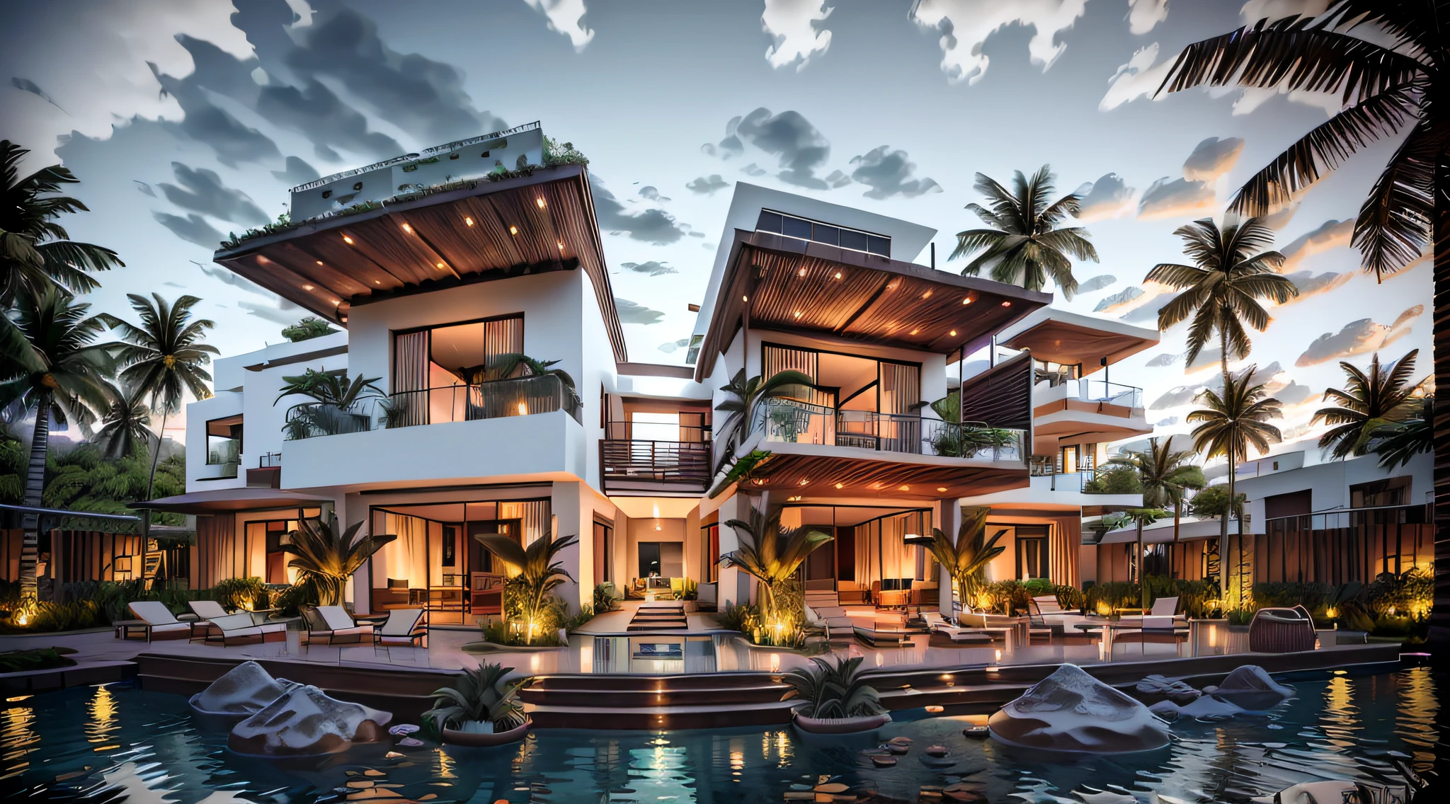Bohemian House, Luxury beachfront Caribbean luxury villas, Glass open space loft villa with roof garden, modern, Dynamic (RAW photo, Real, Best quality, Masterpiece:1.2), (Ultra photo realsisim, photo-realistic:1.2), High quality, (Dark lighting:1.2), Perfect lighting, archdaily, Architectural Digest Award winner sustainable architecture, Cinematic