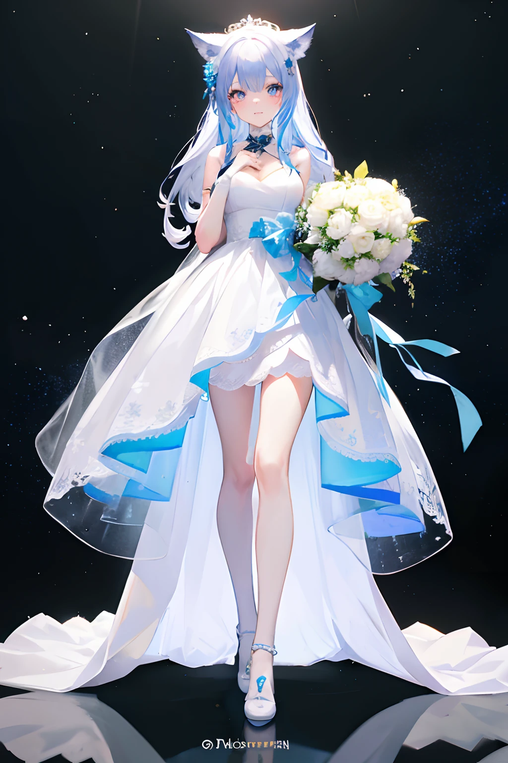 anime girl in white dress with blue hair and a cat tail and holding a bouquet of flowers in front of wedding podium, sakimichan, ecchi, 8k!!, 8k)), けもの, konachan, Middle metaverse, ❤🔥🍄🌪, lolish, hololive, 8k!, tachisme, waifu, holo if a wolf girl, full body wedding dress, holo is a wolf girl, kitsune inspired armor, character adoptable, full body xianxia, white - haired fox, lunar themed attire, fullbody commission for, hestia, anime goddess, female anthropomorphic wolf, in the plains looking back with a Beautiful smile