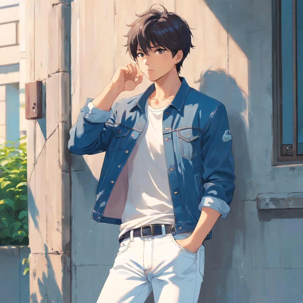 Alafed male model in white jeans and denim jacket leaning against wall, Korean Male, Jinyoung Shin, korean muscle boy 2 1 , model with attractive body, Cai Xukun's, taejune kim, male model, siwoo kim, inspired by Joong Keun Lee, Hyuntae, inspired by jeonseok lee, sun-hyuk kim, with abs