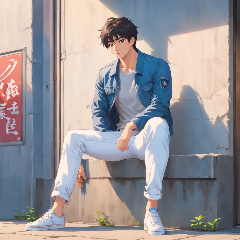 Alafed male model in white jeans and denim jacket leaning against wall, Korean Male, Jinyoung Shin, korean muscle boy 2 1 , model with attractive body, Cai Xukun's, taejune kim, male model, siwoo kim, inspired by Joong Keun Lee, Hyuntae, inspired by jeonseok lee, sun-hyuk kim, with abs