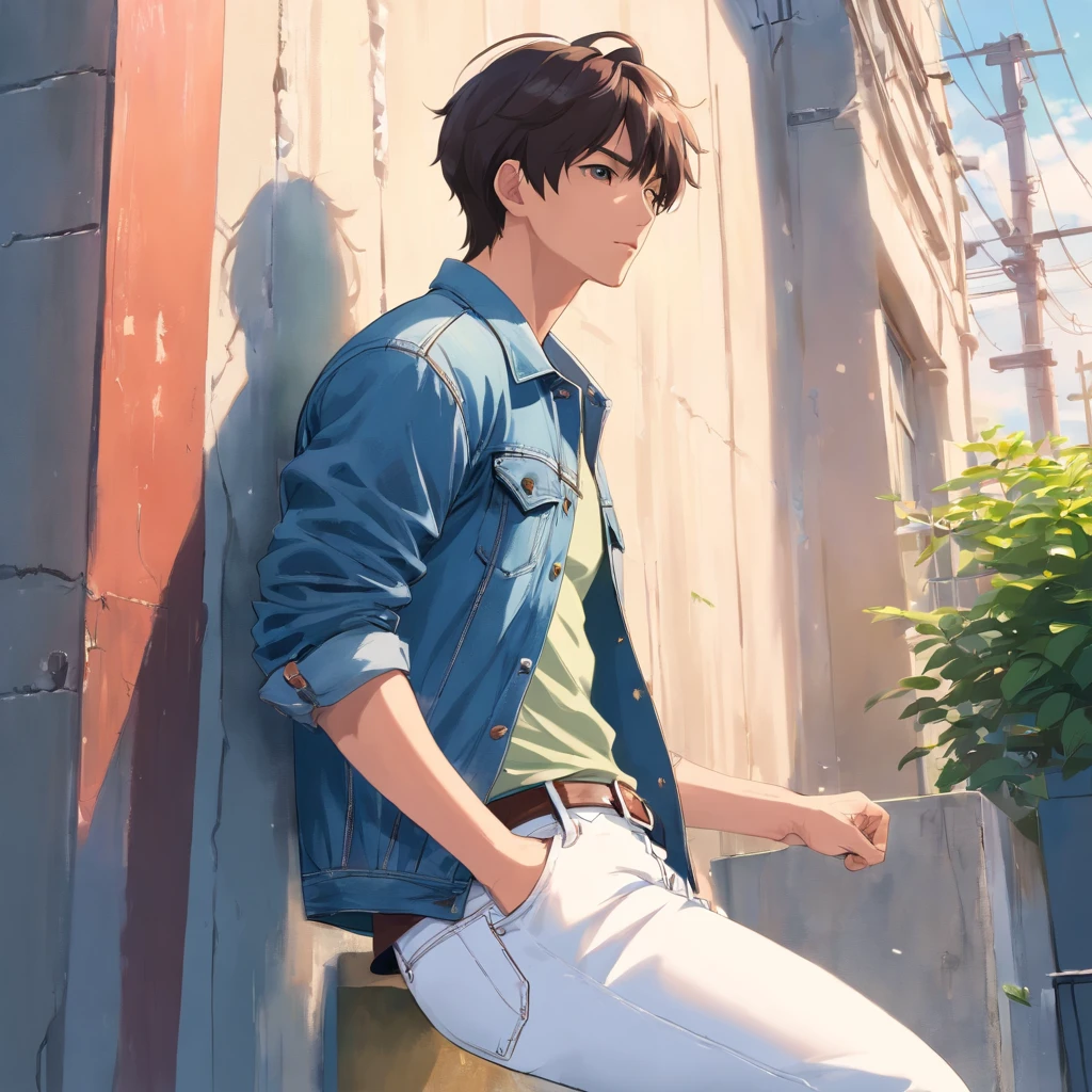 Alafed male model in white jeans and denim jacket leaning against wall, Korean Male, Jinyoung Shin, korean muscle boy 2 1 , model with attractive body, Cai Xukun's, taejune kim, male model, siwoo kim, inspired by Joong Keun Lee, Hyuntae, inspired by jeonseok lee, sun-hyuk kim, with abs